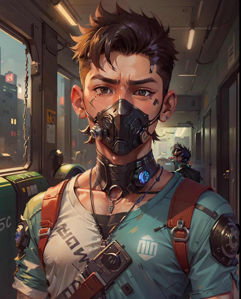 Change background cyberpunk handsome boys, realistic face, boy, marks pehena hua,wearing marks, male,
