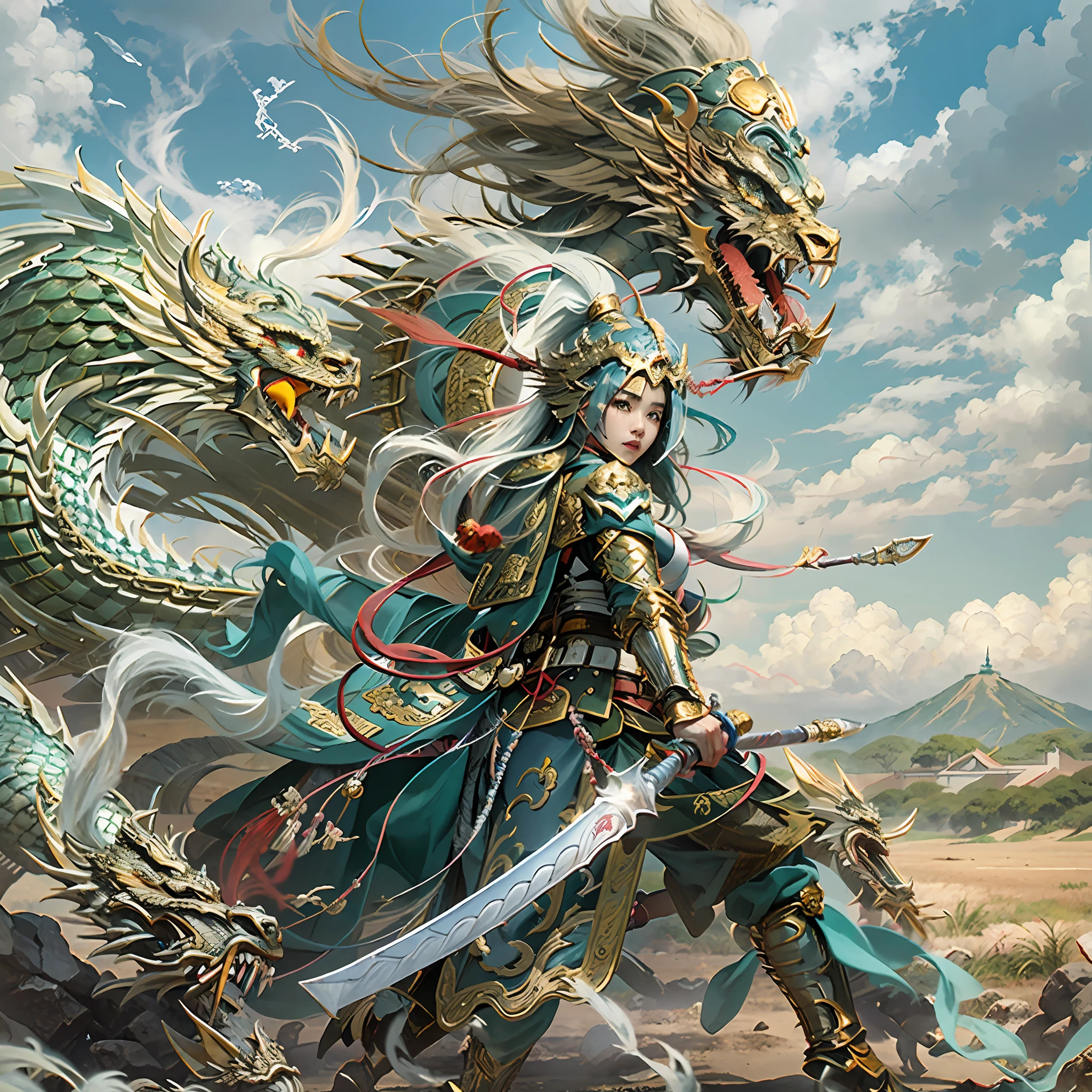 in a panoramic view，sportrait，photorealestic，Army style，China-style，Blue sky, White clouds and steppe，Beautiful Chinese female warrior，Gold glossy armor，Armed belts，Dragon helmet，Wear a Chinese sabre，Fang Tian drew a halberd，Before the ancient city of China，face to the viewer，Perfectcomposition，