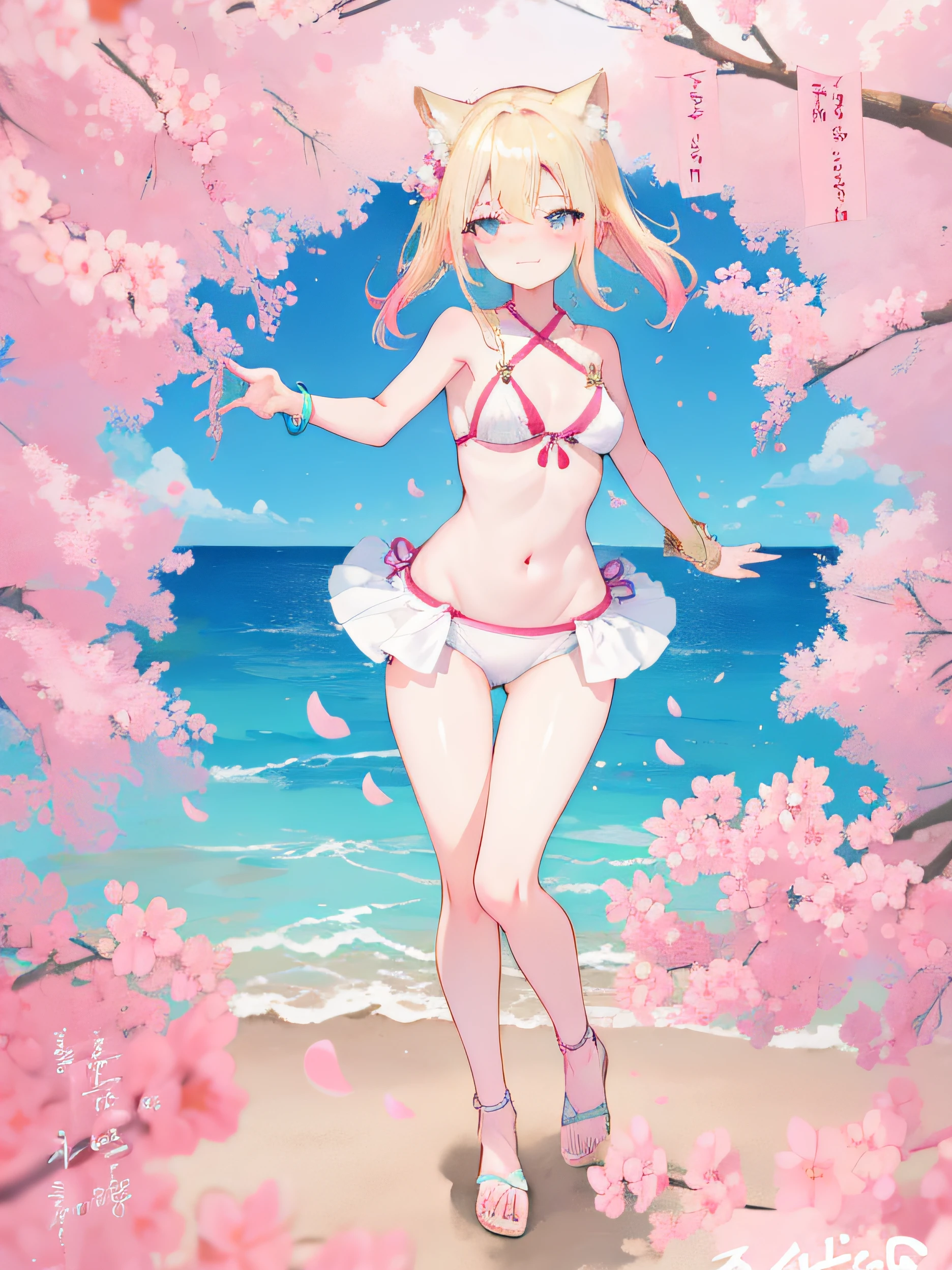 Illustration is superlative, Full body swimsuit, blonde beautiful, Blushing smile, Bracelet ear piercing, Confident expression, Cherry blossom petal, Dynamic pose, multicolored background, Majestic surrounding, Touch the scene, Bold text, Focus on fashion。