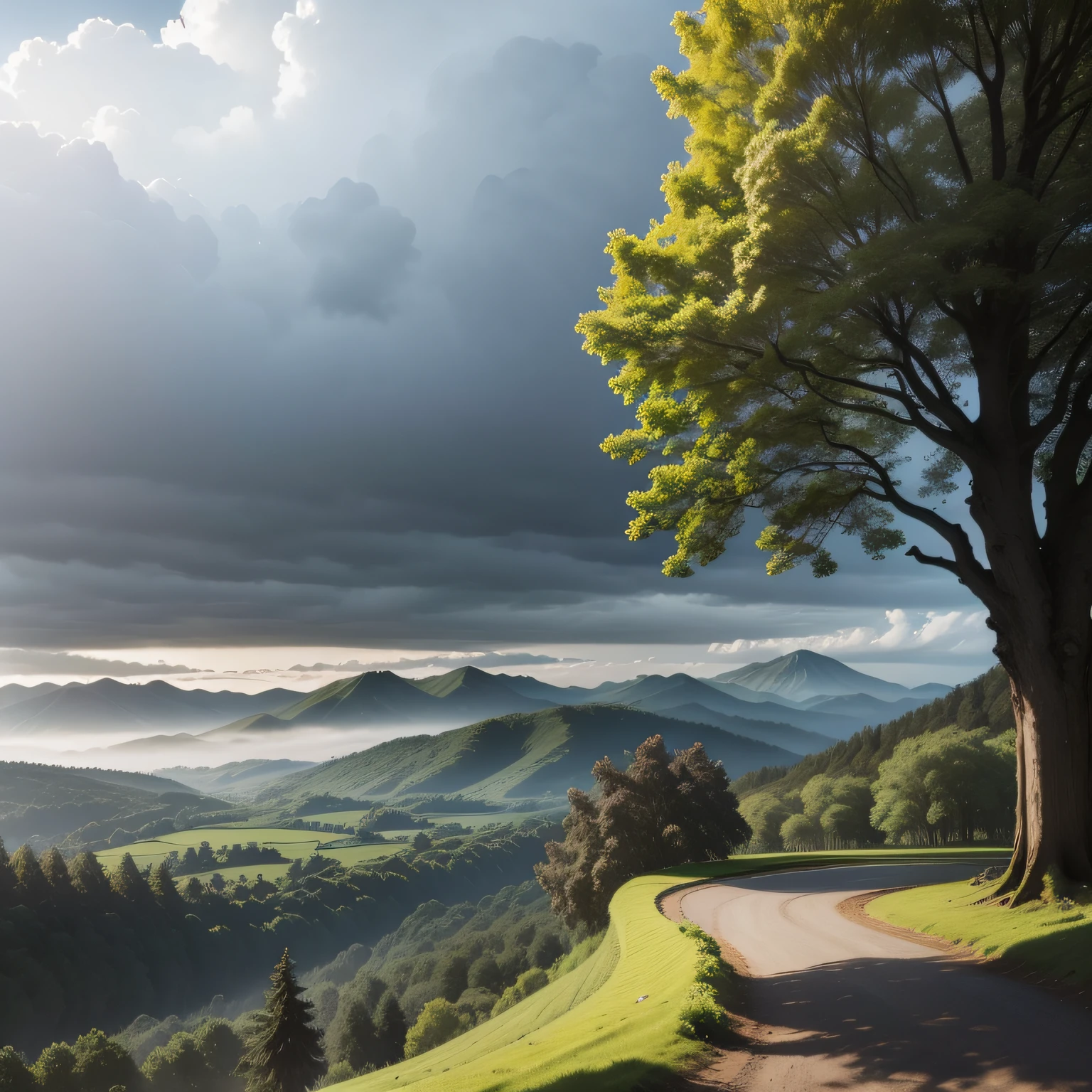 Sycamore tree foreground，Forest view，Paulownia Forest，In the distance are mountains，surrounded by cloud，Foggy rain，great outdoors，in a serene landscape，Optimize ingredients，highly-detailing，The woods are lush，Mountains