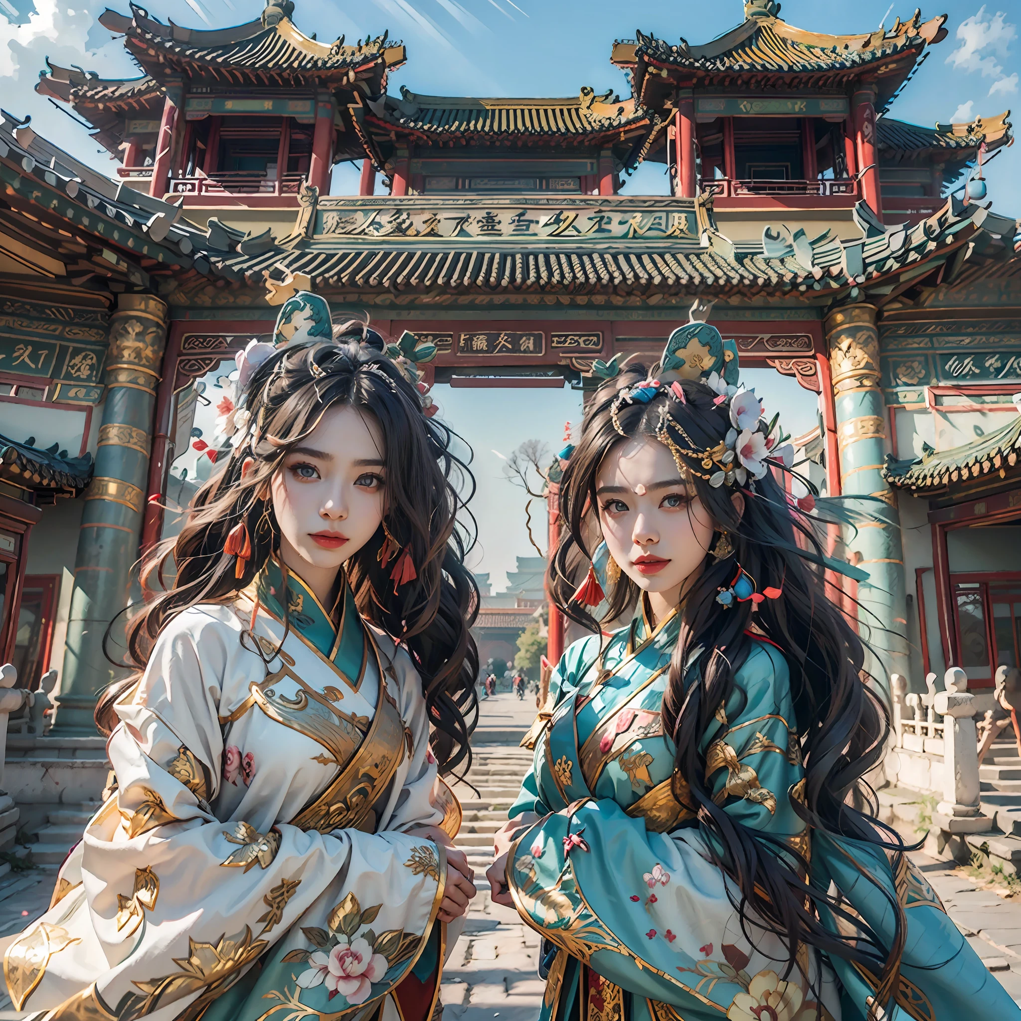 in a panoramic view，sportrait，photorealestic，China-style，Blue sky, In a palace in China，3girl，Three beauties dressed in gorgeous ancient Chinese Tang costumes，In front of the Chinese Palace，with a smile on her face，Perfectcomposition，professinal，Meistwick，commissioned，best qualtiy，color corrected，After fixation，Retouching，Improvement，Epic，Tone-mapping，the detail， highly  detailed， digitial painting， art  stations， Conceptual map of the long dam， Smoothness， Sharp focus， Beautiful illustration， photore， The light from the back window is backlighted， 动态照明， Mist， 复杂， cinematic grain， professinal， face to the viewer，（Beautiful m3d_woman， Perfect M3D_face,）， Volumetriclighting， subsurfacescattering， Good highlights， Good shadows， cinematic ligh