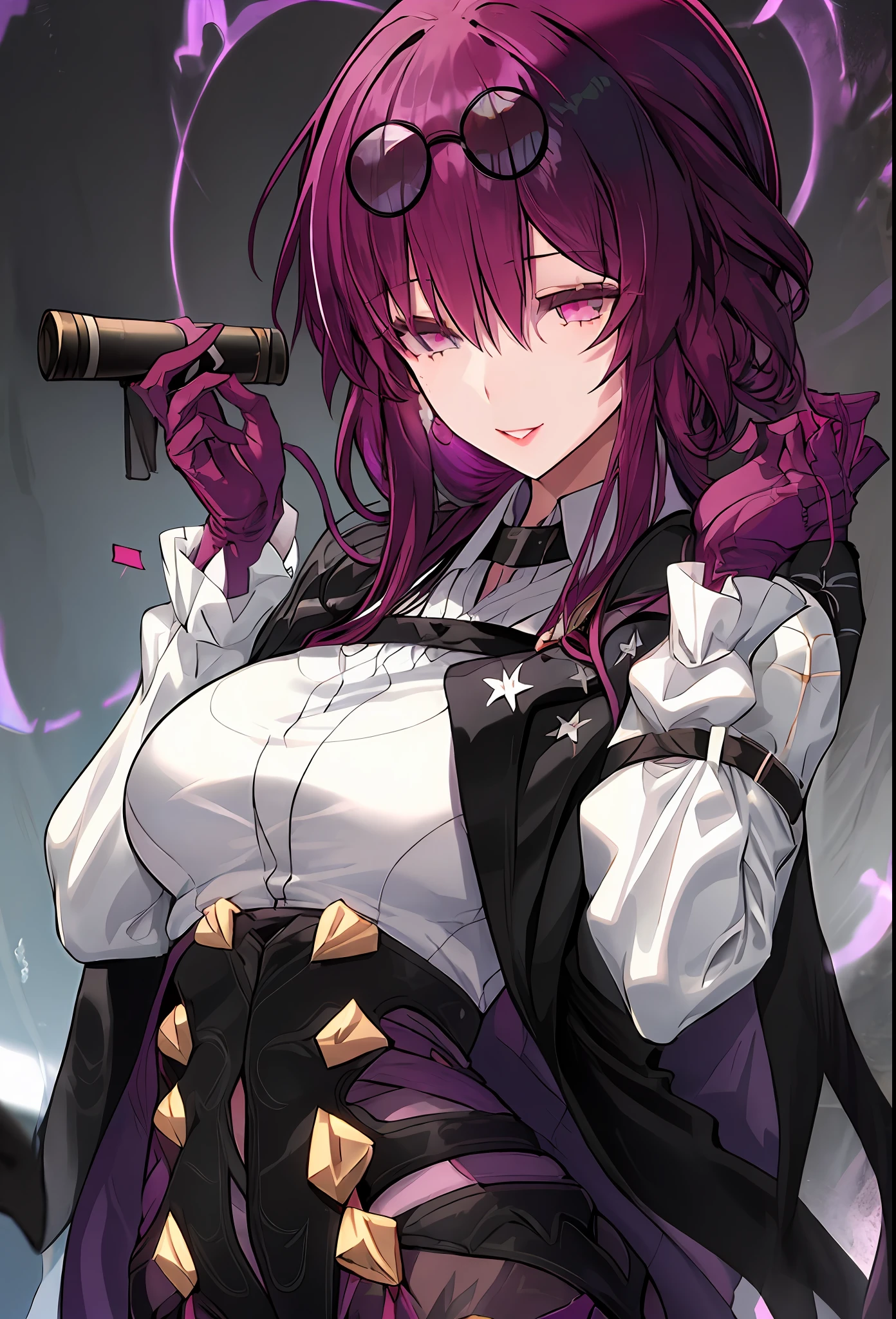 (Masterpiece, Best quality),8K, one-girl, 独奏, KafkaHKS, Playful expression!eyewear on head, hair between eye,Long sleeves, Purple gloves, White shirt, Black silk thighs, sunglasses on head, long whitr hair, looking at viewert, Reddish-purple hair,a pink eyes, Short purple nails, Scarlet eyes,long whitr hair,Wine,wineglass