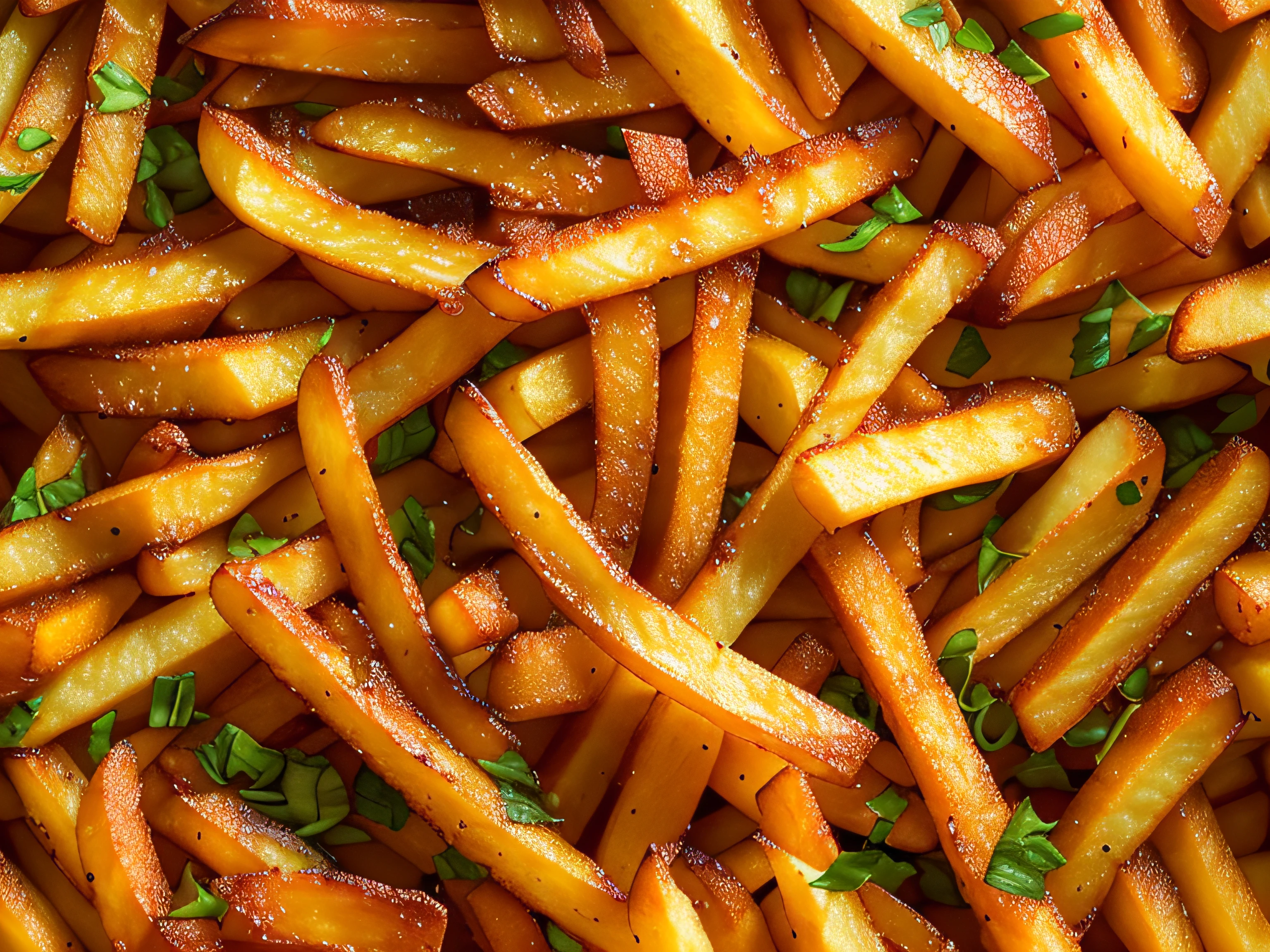 luscious, Bright and appetizing French fries, with high detail and sprinkled sides, cinematic style with HDR effect, created with Adobe Lightroom.