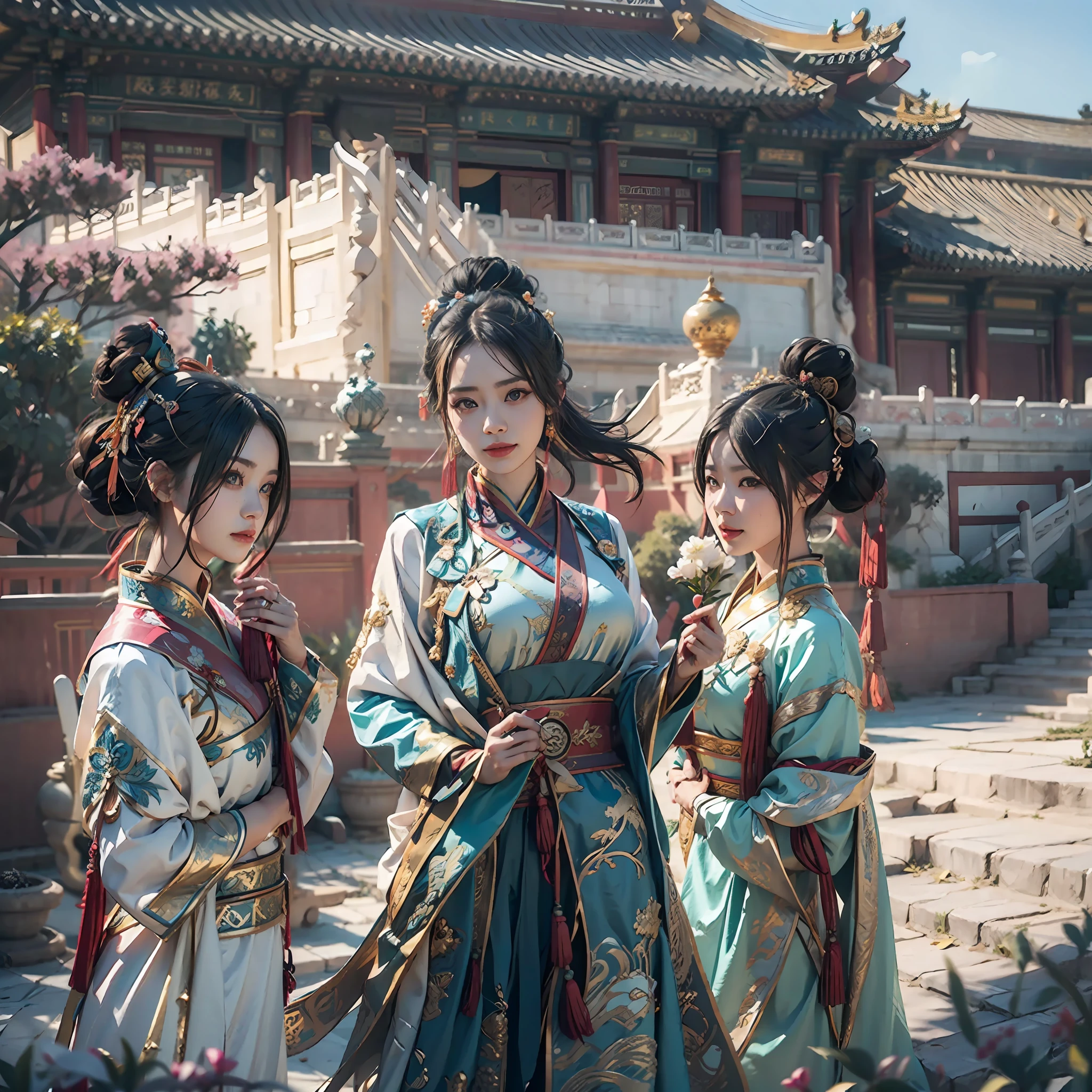 in a panoramic view,sportrait,photorealestic,China-style,Blue sky, In a palace in China,3girl,Three beauties dressed in gorgeous ancient Chinese Tang costumes,In front of the Chinese Palace,with a smile on her face,Perfectcomposition,professinal,Meistwick,commissioned,best qualtiy,color corrected,After fixation,Retouching,Improvement,Epic,Tone-mapping,the detail, highly detailed, digitial painting, art stations, Conceptual map of the long dam, Smoothness, Sharp focus, Beautiful illustration, photore, The light from the back window is backlighted, 动态照明, Mist, 复杂, cinematic grain, professinal, face to the viewer,(Beautiful m3d_woman, Perfect M3D_face,), Volumetriclighting, subsurfacescattering, Good highlights, Good shadows, cinematic ligh