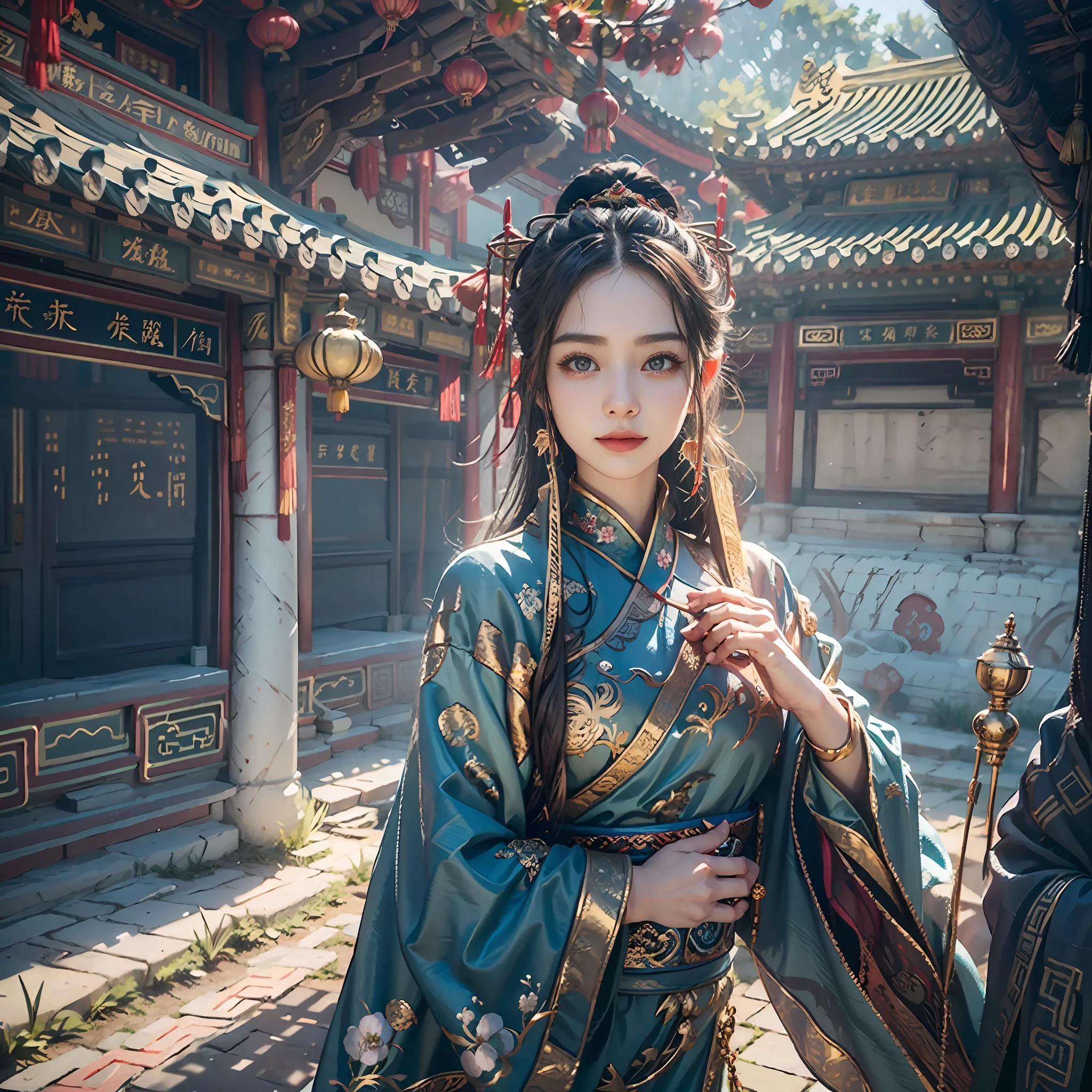 in a panoramic view，sportrait，photorealestic，China-style，Blue sky, In a palace in China，3girl，Three beauties dressed in gorgeous ancient Chinese Tang costumes，In front of the Chinese Palace，with a smile on her face，Perfectcomposition，professinal，Meistwick，commissioned，best qualtiy，color corrected，After fixation，Retouching，Improvement，Epic，Tone-mapping，the detail， highly  detailed， digitial painting， art  stations， Conceptual map of the long dam， Smoothness， Sharp focus， Beautiful illustration， photore， The light from the back window is backlighted， 动态照明， Mist， 复杂， cinematic grain， professinal， face to the viewer，（Beautiful m3d_woman， Perfect M3D_face,）， Volumetriclighting， subsurfacescattering， Good highlights， Good shadows， cinematic ligh