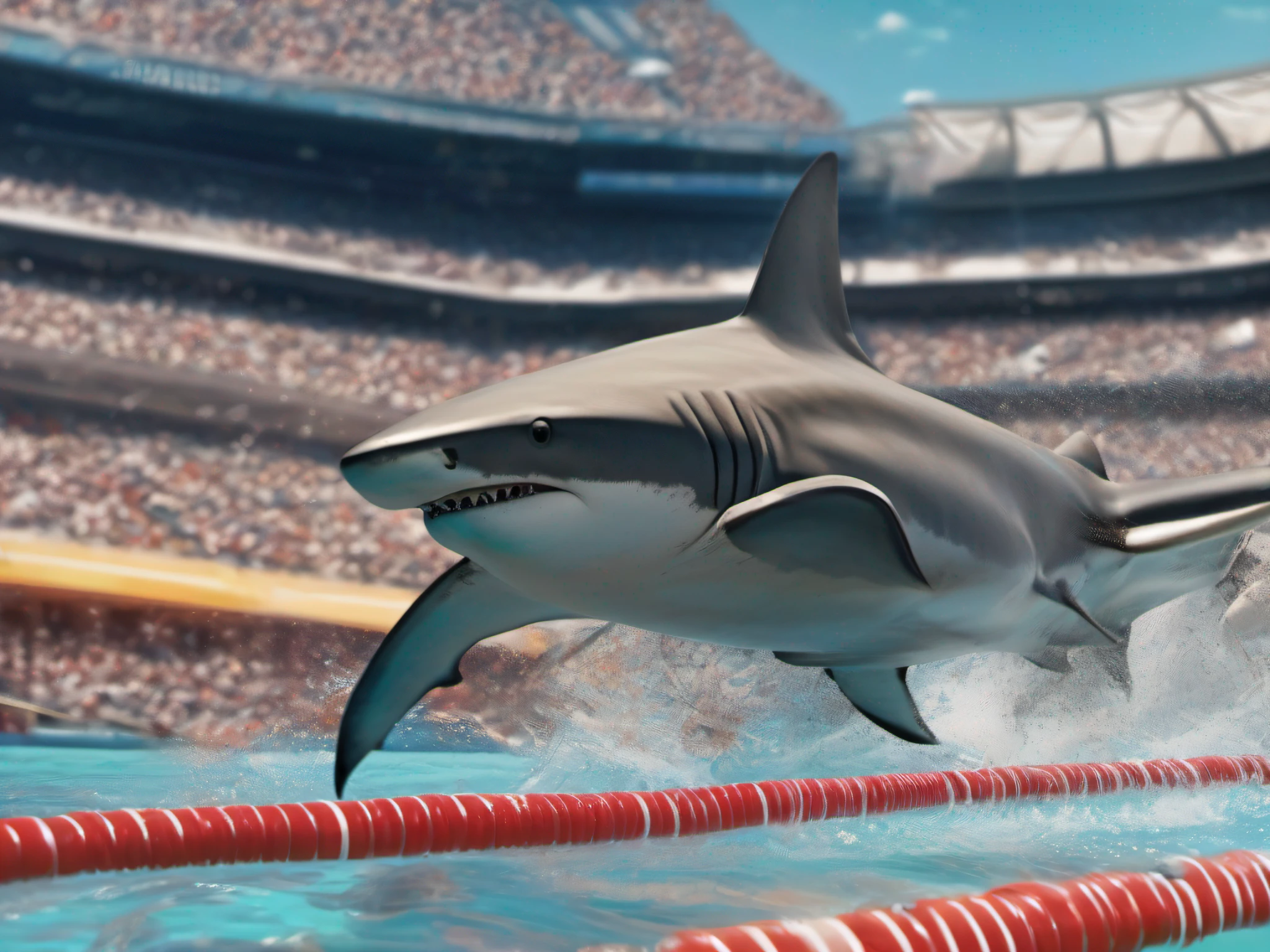 Sports venues，Swim runs，Cheers and cheers，（Multiple sharks side by side），（closeup cleavage：1.3），frontage，Macro lens，depth of fields，Enhanced depth of field，motionblur，Dynamic lines，best qualtiy，Works of masters，Hyper-realistic，Super meticulous，Accurate