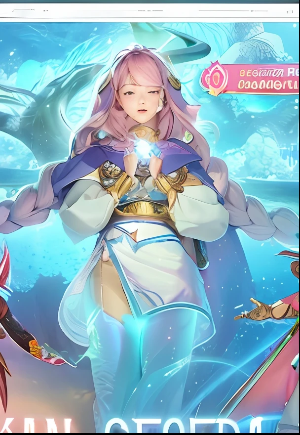 she have a pink hair and fantasy on his theme, she like a god pose and magic blue