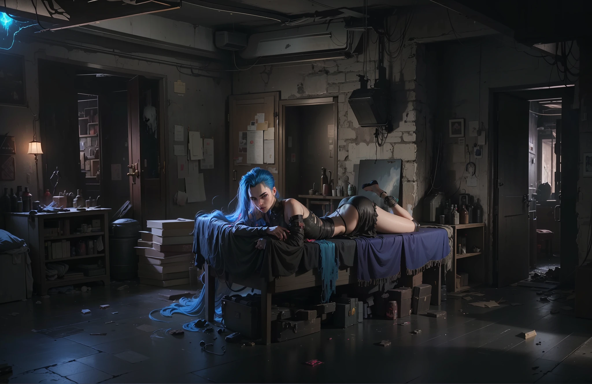 ((Best quality)), ((masterpiece)), (highly detailed:1.3), 3D, arcane style,In the dark and courageous dystopian city of Piltover, plagued by violence and divided into two opposing factions, a young prodigy named Jinx emerges. Having endured unimaginable loss and abandonment, she embraced a life of chaos and destruction. Known for her inventive and explosive abilities, Jinx becomes an icon of rebellion against the oppressive forces that control the city. However, haunted by guilt and battling inner demons, she must confront her past and decide whether to continue on the path of anarchy or seek redemption amid the turmoil. Explore Jinx's journey as she navigates a treacherous world, fighting for survival, unlocking secrets, and discovering the true meaning of her twisted existence, chaos reigns supreme, and at the center of it all is Jinx, the embodiment of unpredictability. Delve deep into Jinx's twisted mind, exploring the origins of his madness and the driving force behind his destructive nature. Unravel the moments that shaped her into the crazed, iconic character we know. Take us on a wild journey through the vibrant streets of Piltover and the shadowy suburb of Zaun as Jinx wreaks havoc with his explosive arsenal. Can redemption find its way into Jinx's fractured soul? Or will she dance forever on the edge of sanity, embracing the chaos that fuels her very existence? Arcane's fate hangs in the balance as Jinx's path intertwines with unlikely allies and formidable enemies. Ignite your imagination and paint a vivid portrait of Jinx's distorted psyche, capturing the essence of her madness and the indomitable spirit that defines it, HDR (High Dynamic Range), Ray Tracing, NVIDIA RTX, Super-Resolution, Unreal 5, Subsurface Scattering, PBR Texturing, Post-processing, Anisotropic Filtering, Depth of Field, Maximum Clarity and Sharpness, Multit Textures