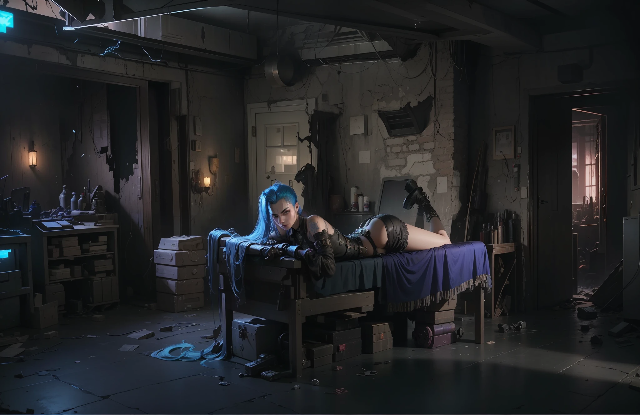 ((Best quality)), ((masterpiece)), (highly detailed:1.3), 3D, arcane style,In the dark and courageous dystopian city of Piltover, plagued by violence and divided into two opposing factions, a young prodigy named Jinx emerges. Having endured unimaginable loss and abandonment, she embraced a life of chaos and destruction. Known for her inventive and explosive abilities, Jinx becomes an icon of rebellion against the oppressive forces that control the city. However, haunted by guilt and battling inner demons, she must confront her past and decide whether to continue on the path of anarchy or seek redemption amid the turmoil. Explore Jinx's journey as she navigates a treacherous world, fighting for survival, unlocking secrets, and discovering the true meaning of her twisted existence, chaos reigns supreme, and at the center of it all is Jinx, the embodiment of unpredictability. Delve deep into Jinx's twisted mind, exploring the origins of his madness and the driving force behind his destructive nature. Unravel the moments that shaped her into the crazed, iconic character we know. Take us on a wild journey through the vibrant streets of Piltover and the shadowy suburb of Zaun as Jinx wreaks havoc with his explosive arsenal. Can redemption find its way into Jinx's fractured soul? Or will she dance forever on the edge of sanity, embracing the chaos that fuels her very existence? Arcane's fate hangs in the balance as Jinx's path intertwines with unlikely allies and formidable enemies. Ignite your imagination and paint a vivid portrait of Jinx's distorted psyche, capturing the essence of her madness and the indomitable spirit that defines it, HDR (High Dynamic Range), Ray Tracing, NVIDIA RTX, Super-Resolution, Unreal 5, Subsurface Scattering, PBR Texturing, Post-processing, Anisotropic Filtering, Depth of Field, Maximum Clarity and Sharpness, Multit Textures