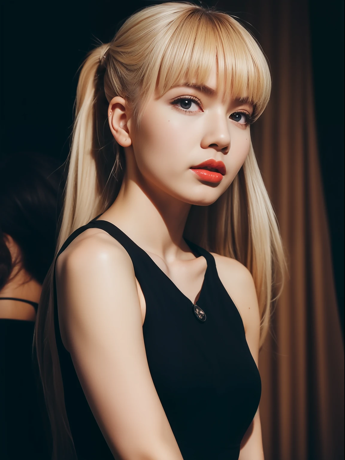 (8K, 4K, Best Quality, Highres, Ultra High Res:1.1), (Masterpiece, Realistic, Photo-Realistic:1.1), 1girl, Face, Close-Up, Twintails, Blonde Hair, Black Eyes, Red Lips, (Looking in Audience: 2), Wearing trendy babes suspenders, open waist, hot pants, long legs, ridiculously long hair, long eyelashes, eye shadow, small face, big eyes, bare shoulders, high contrast,