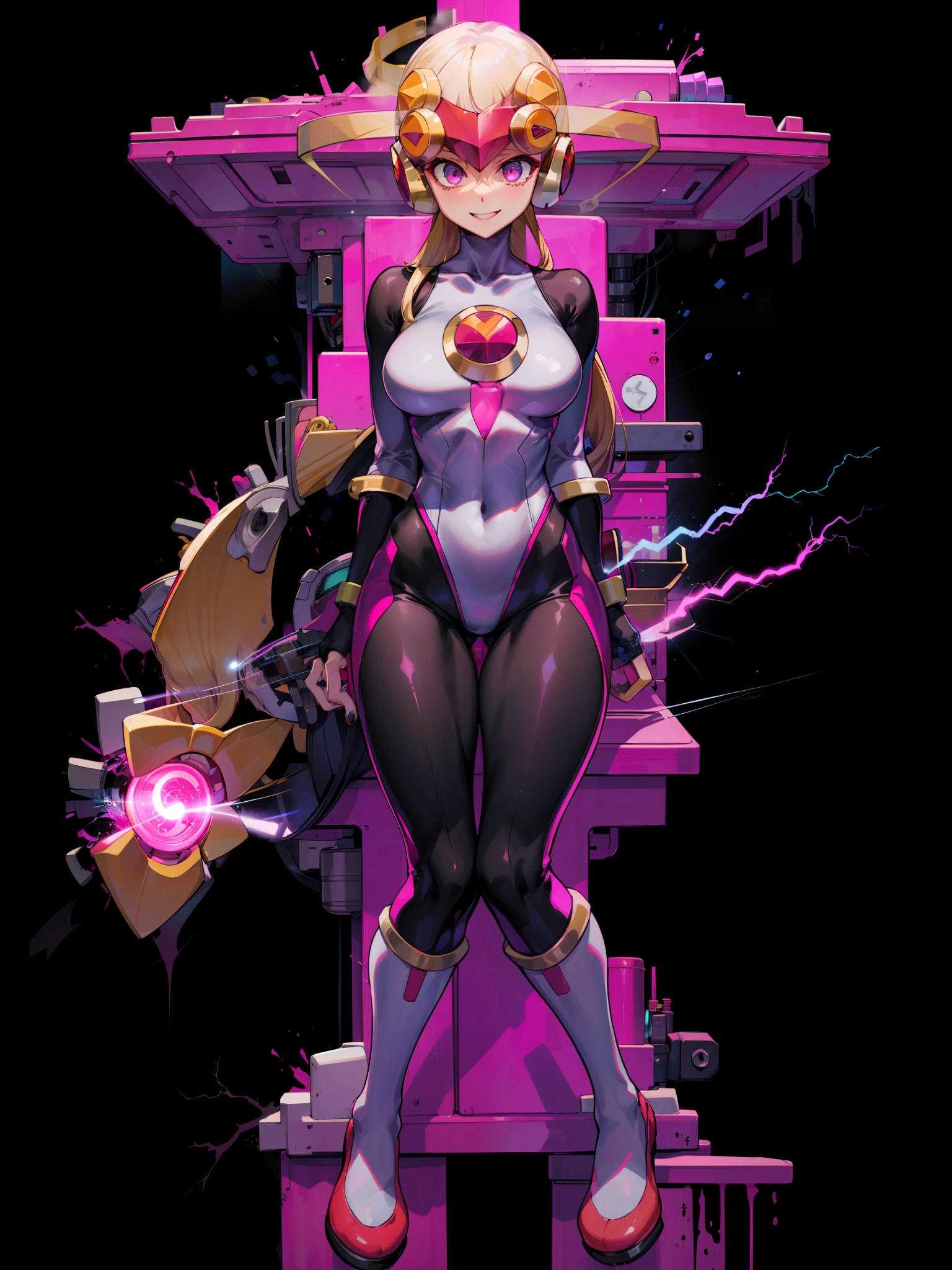 masutepiece,Best Quality,1girl in,roll_.exe_megamanbn,(helmets),Blonde hair,Long hair,Leotard,Pink eyes,Purple bodysuit,body suit,Eyes without light,moderate breast bulge,Thin laughter,Nails with sharp fingertips,Tied to a machine,glowing circuit background,Black lightning strike
