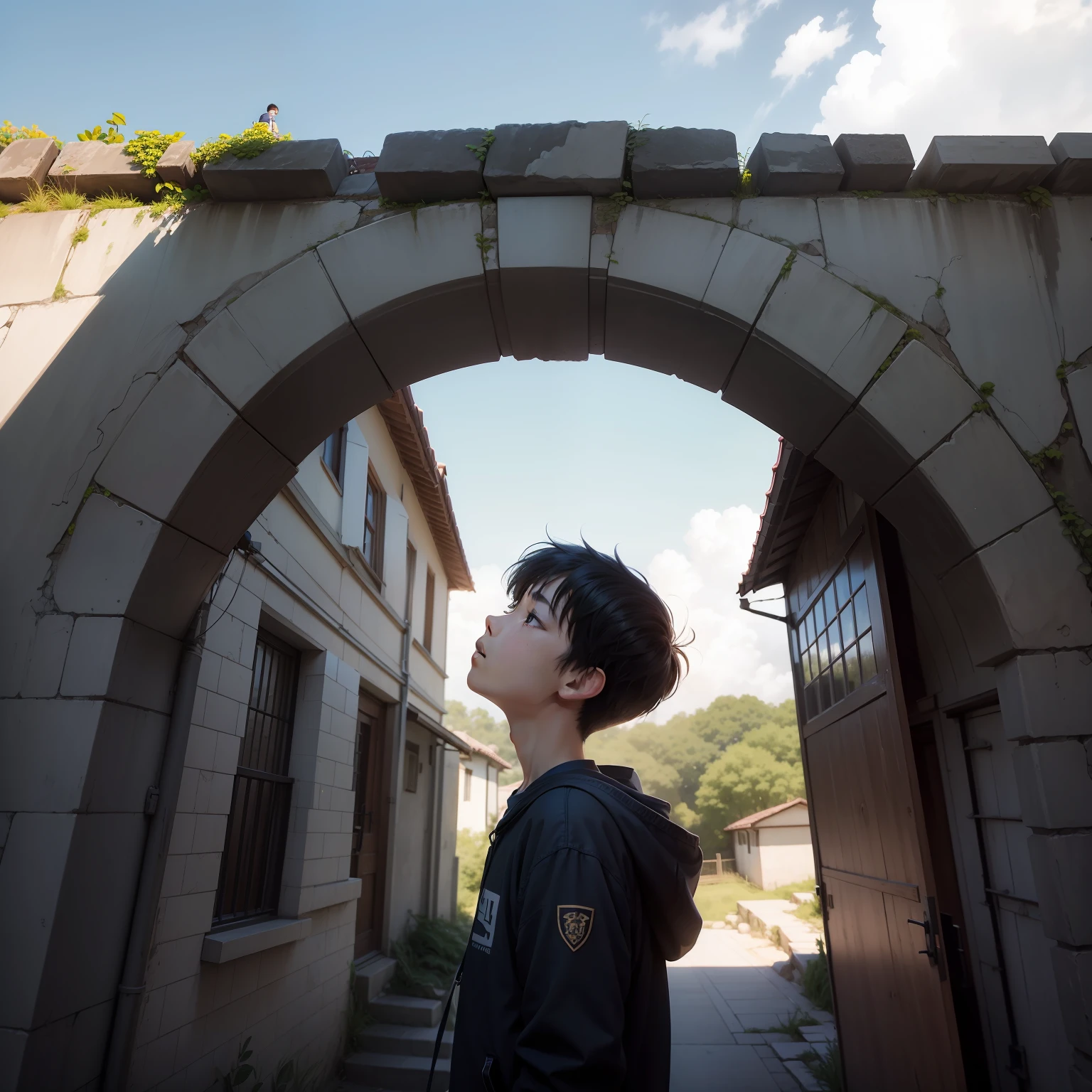 masterpiece、top-quality、hightquality、 wall-paper、landscapes、outside of house、Skysky、clouds、tag、blue-sky、、depth of fields、nffsw、bloom、chromatic abberation、Photorealsitic、ighly detailed、high details、Dramatic、Boy trying to cross the wall、Aim for something、Looking Up、animesque、