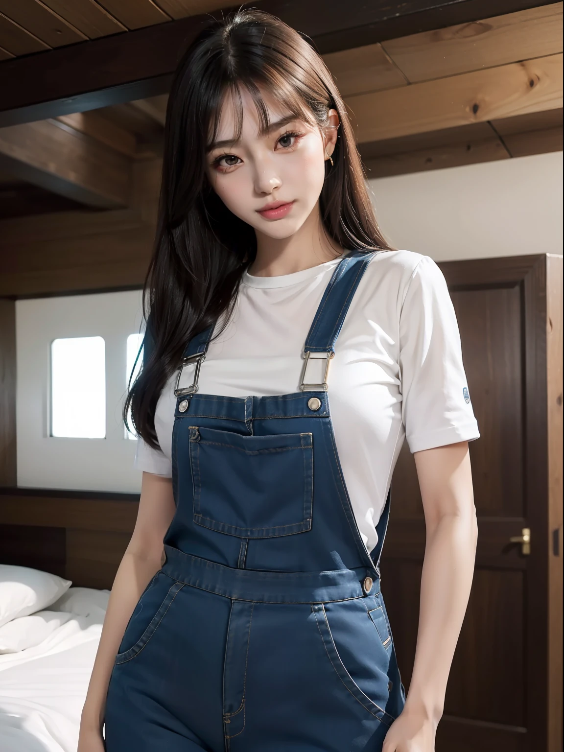 masuter piece, best qualtiy, (realisitic, Photorealsitic:1.37), ((独奏)), 8K image quality, Extremely delicate and beautiful, splendid, Official art with attention to detail, Ridiculous, Unbelievably ridiculous, huge filesize, ultra-detailliert, ighly detailed, (Cute little girl s), (detailed girl), extremely detailed eye and face, Beautiful detailed eyes, Light makeup,, (Slender and perfect female figure), large full breasts, Slim waist, big butts, (Korean  beauty), ((fullllbody)), ((Put the head in the frame)), ((Overalls clothing)), field, kindly smile