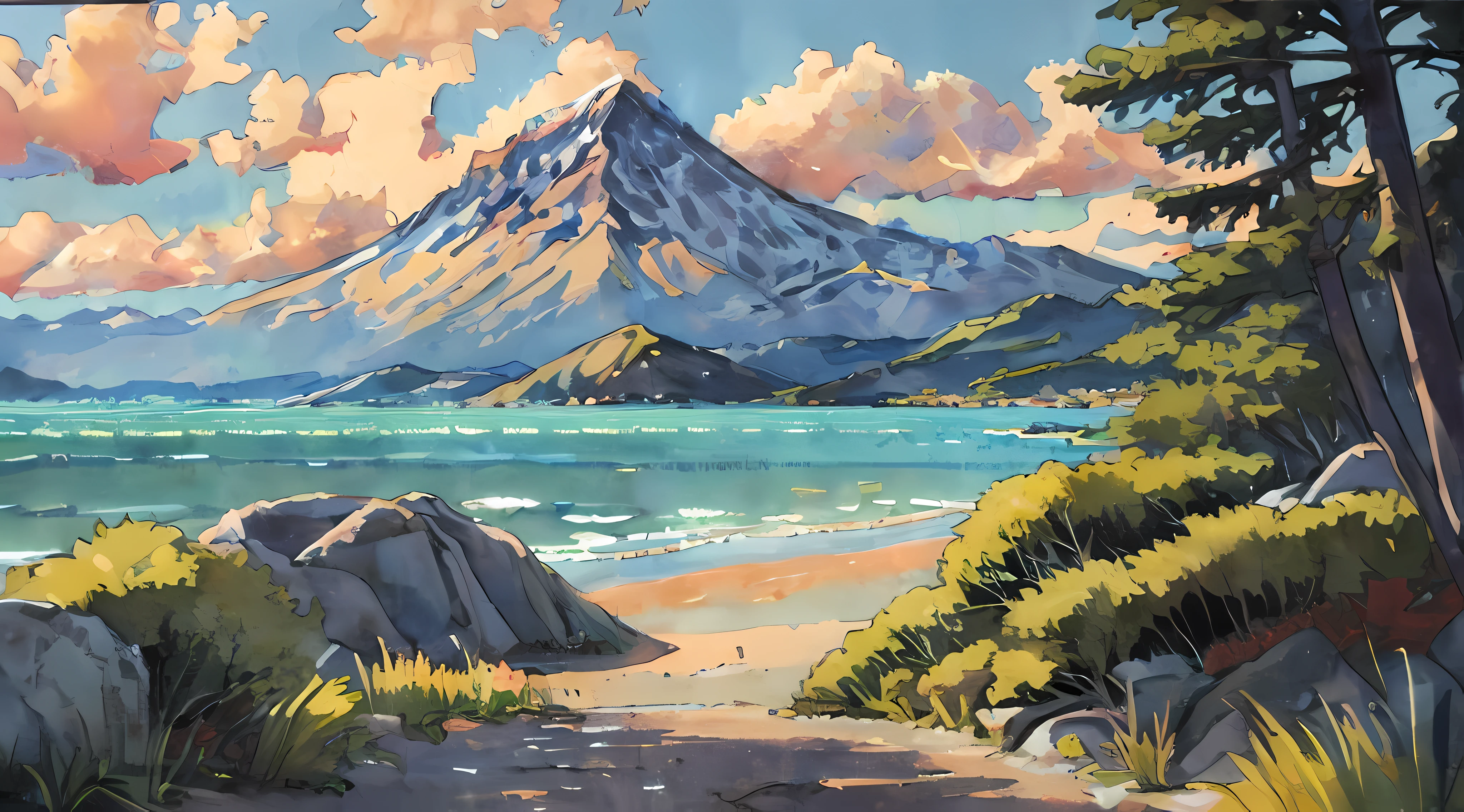 (Best quality),(masterpiece),(ultra detailed),(high detailed),(extremely detailed),Anime Inspired Scenic Gouache Paintings, Artistic Design, Anamorphic Shot, Anamorphic,full screen,not cropped