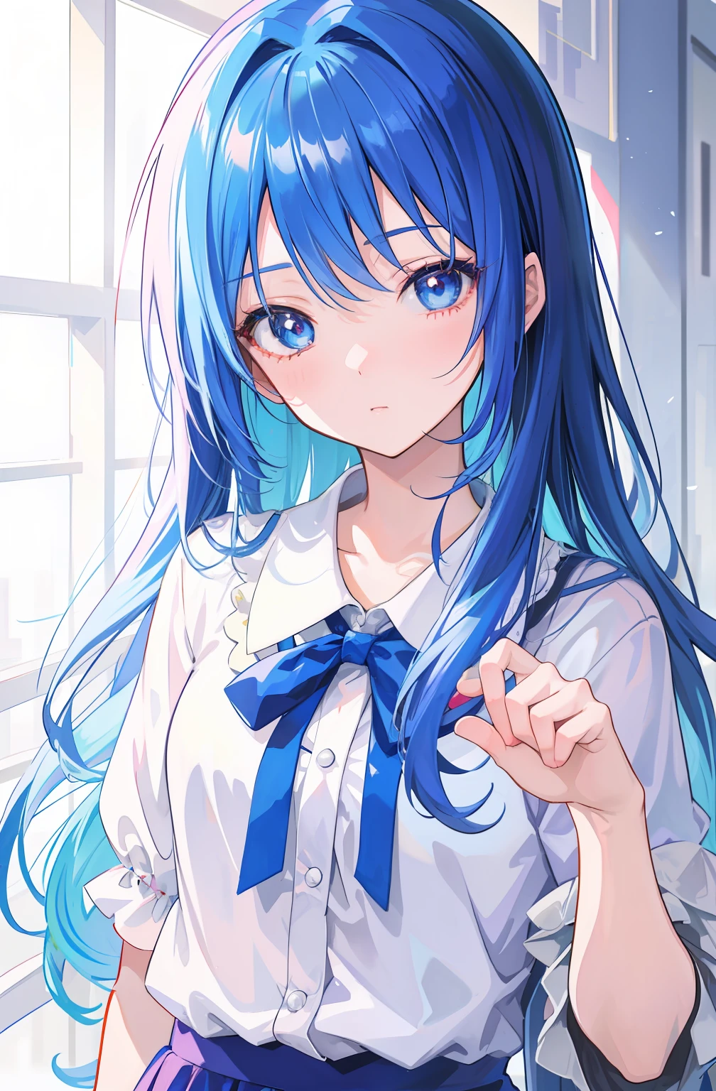Anime girl with blue hair and bow tie, Beautiful Anime High School Girls, Beautiful anime girl, anime visual of a cute girl, pretty anime girl, up of young anime girl