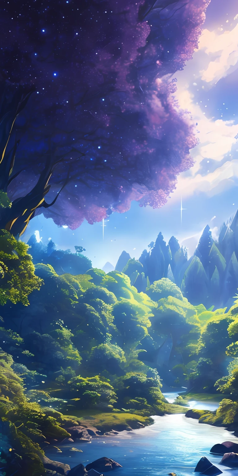 Uma nave espacial descendo em uma floresta durante a noite, sky with millions of stars, luzes brilhantes, Obra-prima, melhor qualidade, (papel de parede 8k de unidade CG muito detalhado) (melhor qualidade), (best illustration), (melhores sombras)