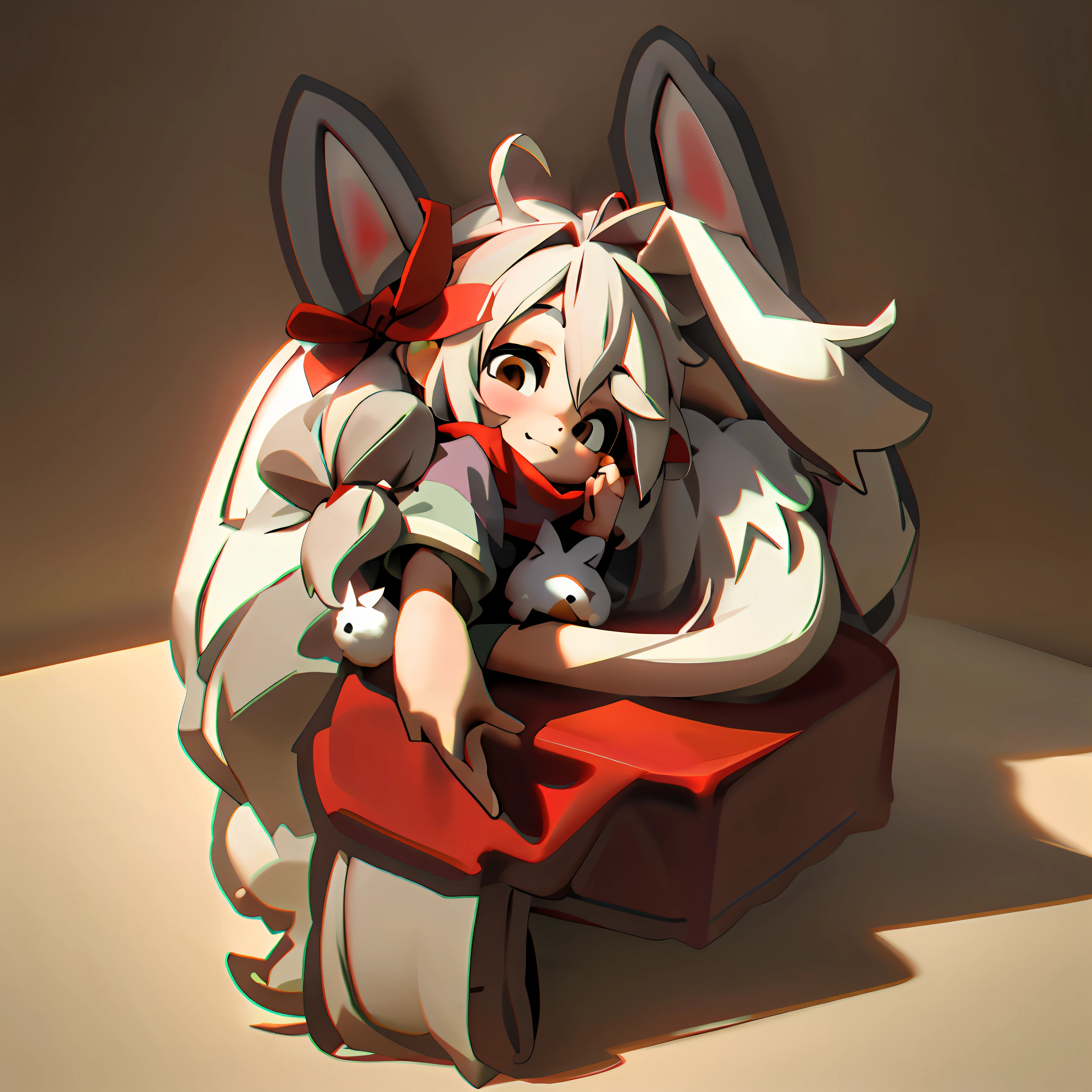 Cartoon girl with red scarf and bow on her head,Cute girl,Draw in 3D anime,Rich in light and shadow,detail-rich,The face is slightly sideways,shaggy,With rabbit ears on the head,A bow is tied on the rabbit ear