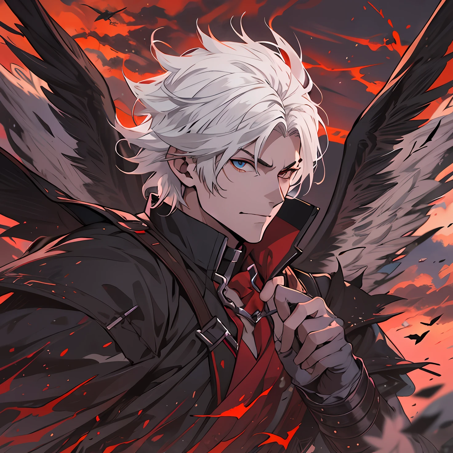 A white-haired demon with dark gray wings flying in a red sky, corvos negros voando ao redor, sentado em um pilar branco, com um olhar inocente. Personagem masculino de anime.