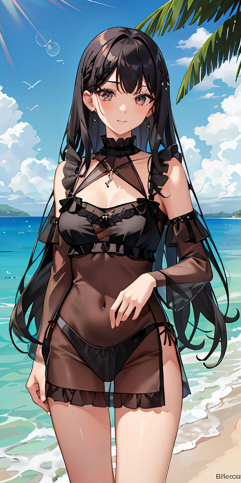 (HighestQuali),(Lingerie transparent,pantiess,shift dresses,Black lace,Harnes),((Medium tits,shift dresses))beachside,Hawaiian scenery,water bloom,wetted skin,((Girl with black hair,long whitr hair,)),hason,ssmile
