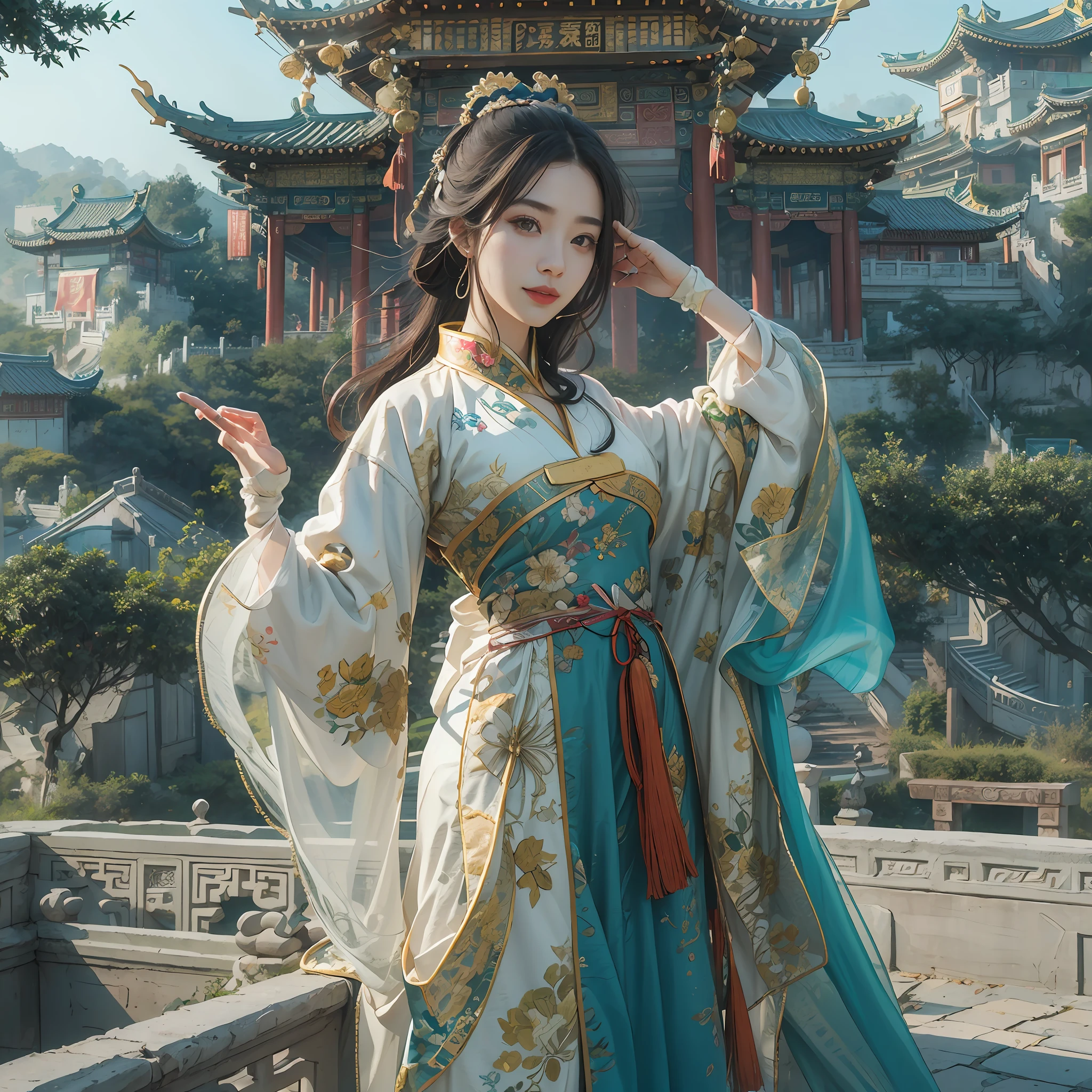 in a panoramic view，sportrait，photorealestic，China-style，Blue sky, In a palace in China，3girl，Three beauties dressed in gorgeous ancient Chinese Tang costumes，In front of the Chinese Palace，with a smile on her face，Perfectcomposition，professinal，Meistwick，commissioned，best qualtiy，color corrected，After fixation，Retouching，Improvement，Epic，Tone-mapping，the detail， highly  detailed， digitial painting， art  stations， Conceptual map of the long dam， Smoothness， Sharp focus， Beautiful illustration， photore， The light from the back window is backlighted， 动态照明， Mist， 复杂， cinematic grain， professinal， face to the viewer，（Beautiful m3d_woman， Perfect M3D_face,）， Volumetriclighting， subsurfacescattering， Good highlights， Good shadows， cinematic ligh