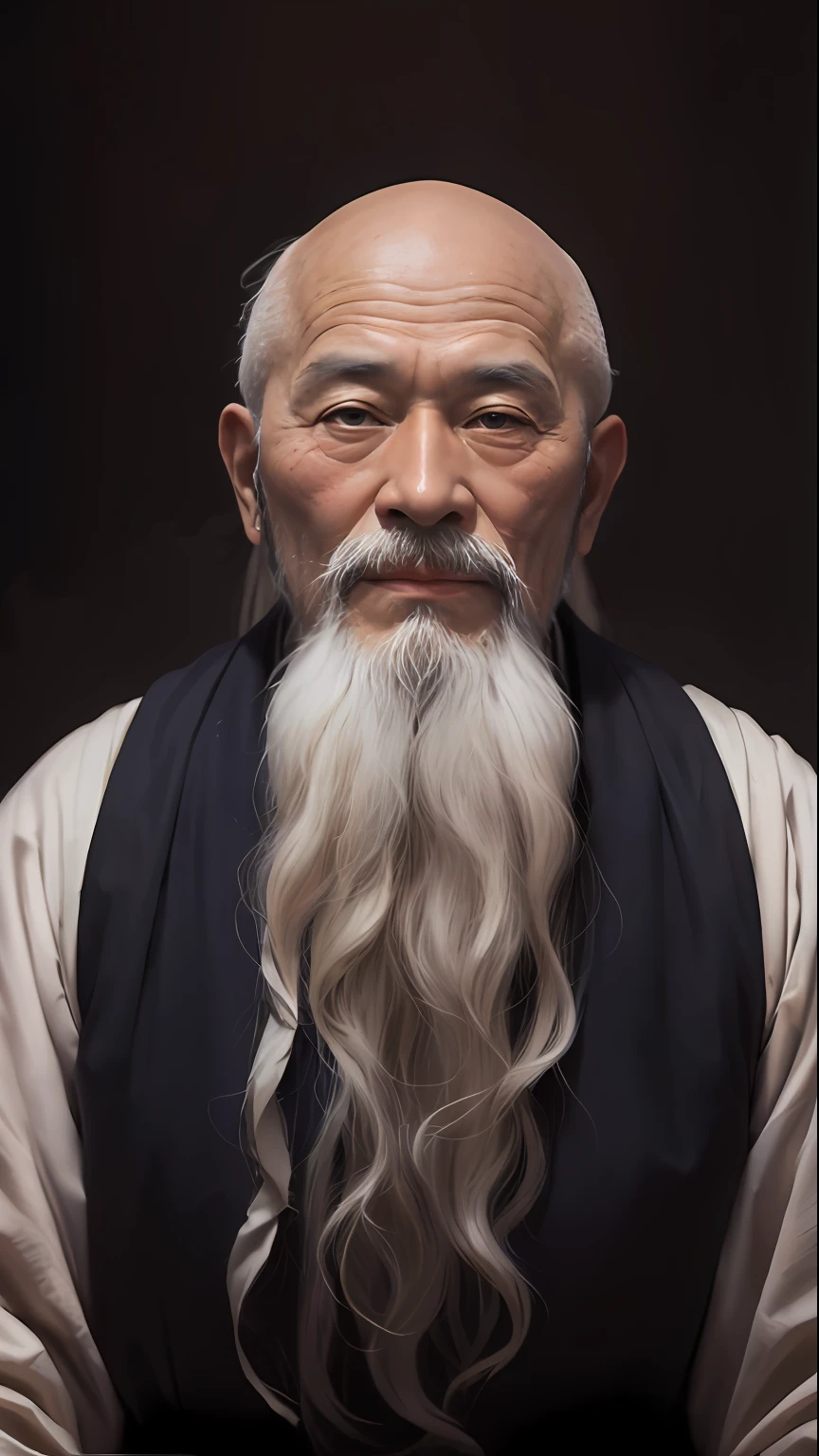 A close-up of an old monk with a long beard and a white beard, Taoist, bald-headed,Monk costume,inspired by Wu Daozi, portrait of monk, Taoist master, portrait photo of an old man, Inspired by Hu Zaobin, inspired by Hu Zao, Long white beard, inspired by Li Cheng, 7 0 mm portrait, 60mm portrait