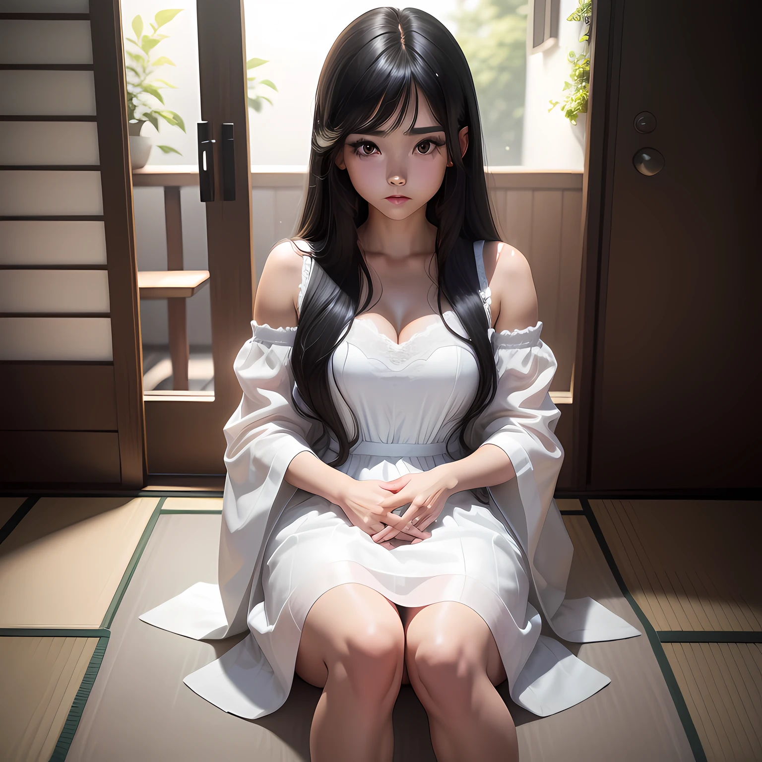 best qualtiy， realisticlying， 8K， A high resolution，A female college student，with fair skin，cabelos preto e longos，partedbangs，white dresses，a baby face，largeeyes，Japanese manga style，Long black hair HD picture