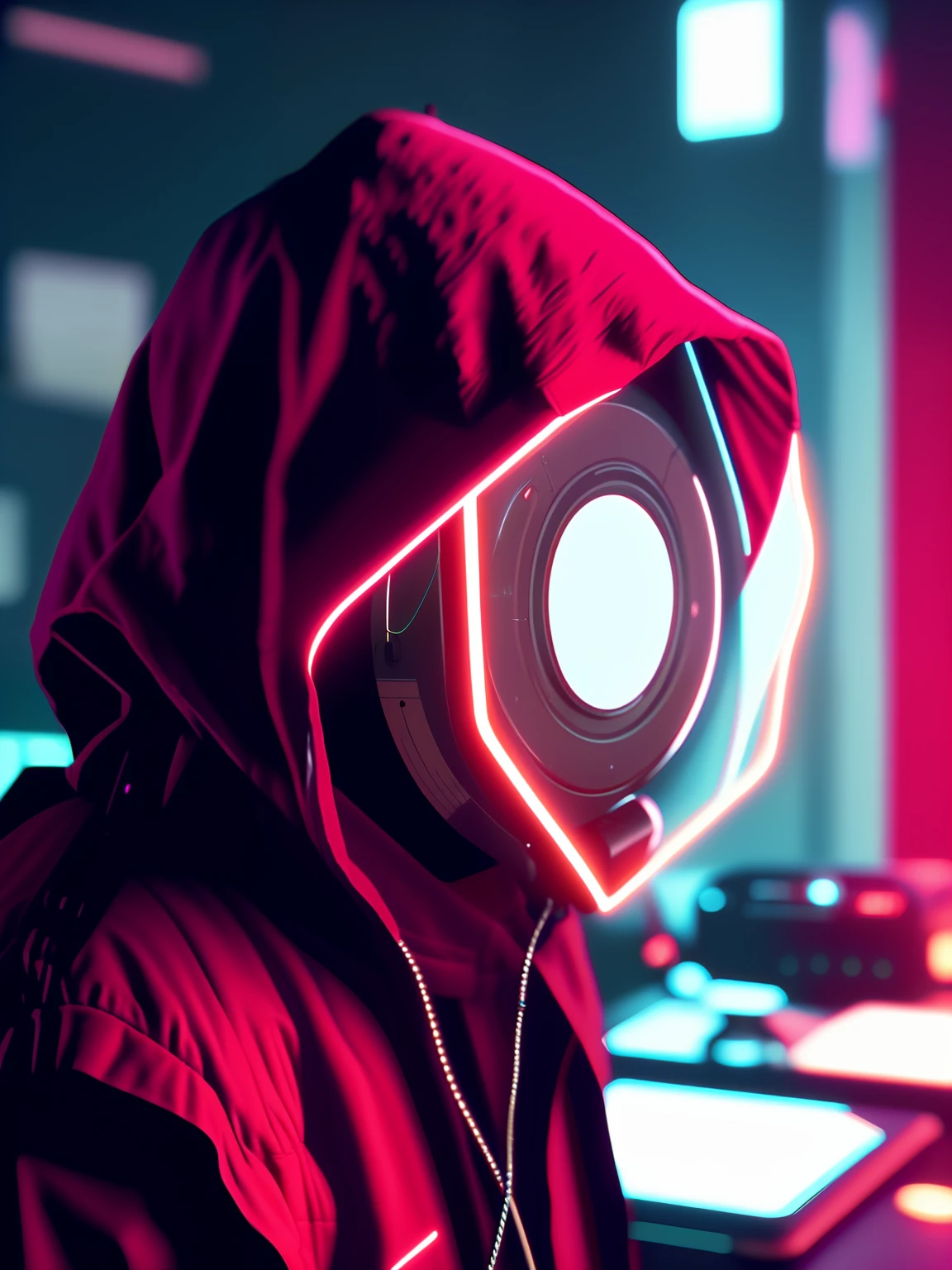 NeonNinja style, a close up of a person wearing a red hood there is a large ball in the middle of a room, a close up of an electronic device on a table