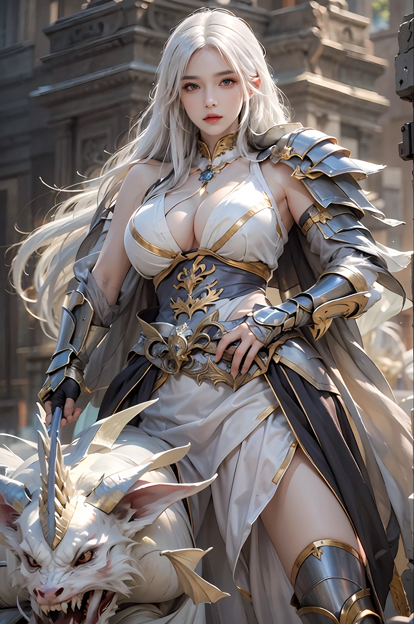 photorealistic, high resolution, 1 women, solo, hips up, white hair, long hair, look at viewer, (detailed face), medium breast, thick thighs, dragon bone armor