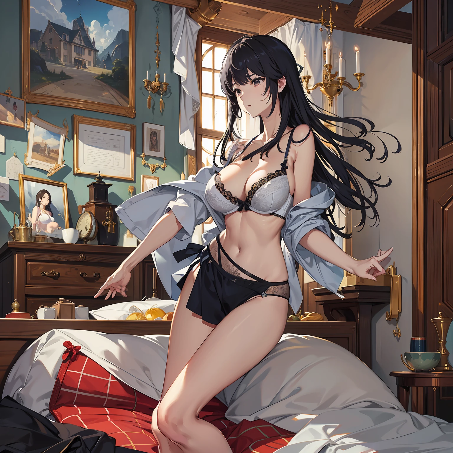 masterpiece、top-quality、hight resolution、独奏、Colossal 、in a house、Misaligned bra、T back、(Reaching: 1.2)、sl、From above、Outstretched arms、irate、Disheveled underwear、sexual eionsinvite