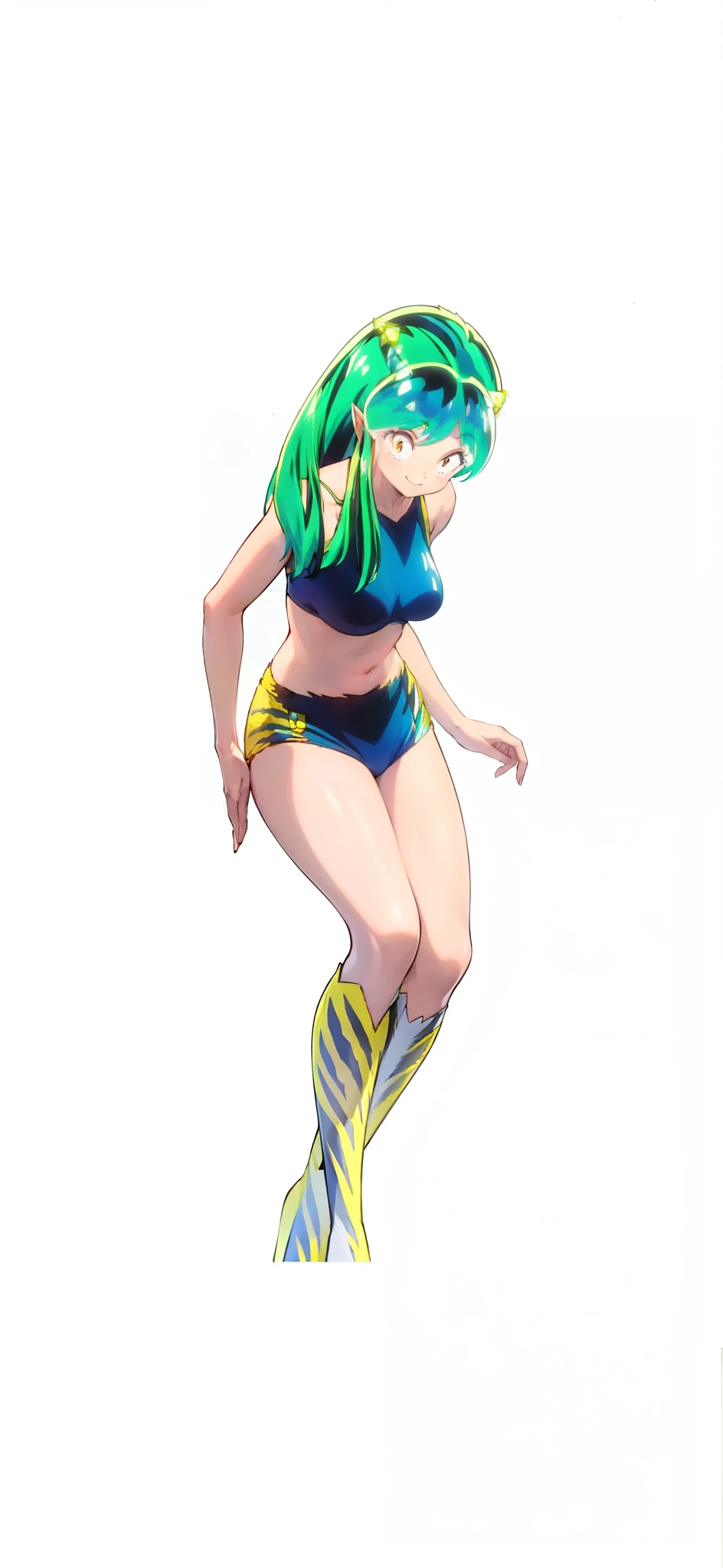 Tiger print boots、sport underwear、Woman with green hair and horns、dance、animesque、urusei yatsura、A smile、Background white