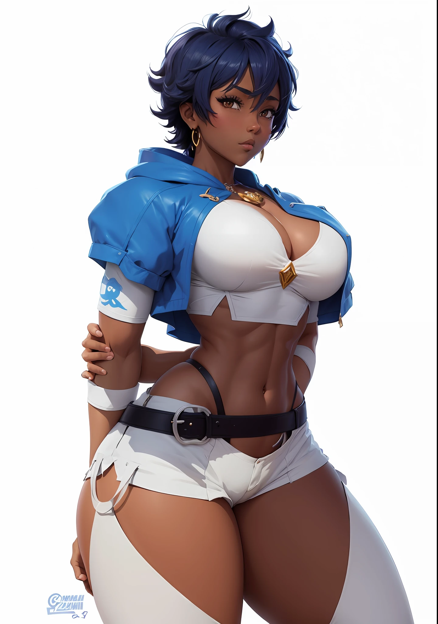 personagem de anime com uma capa azul e shorts brancos, Commission for High Res, OC Commission, retrato de corpo inteiro de um curto!, Taliyah Jovem, knights of zodiac girl, thicc, protagonista feminina 👀 :8, commission for, sfw version, Taliyah, (SFW) seguro para o trabalho, full body commission for, cel limpo sombreado, Makoto, Zenra Taliyah, seios grandes, seios gigantes, seios Extremamente grandes, corpo perfeito, gostosa, bunda grande, coxa grande