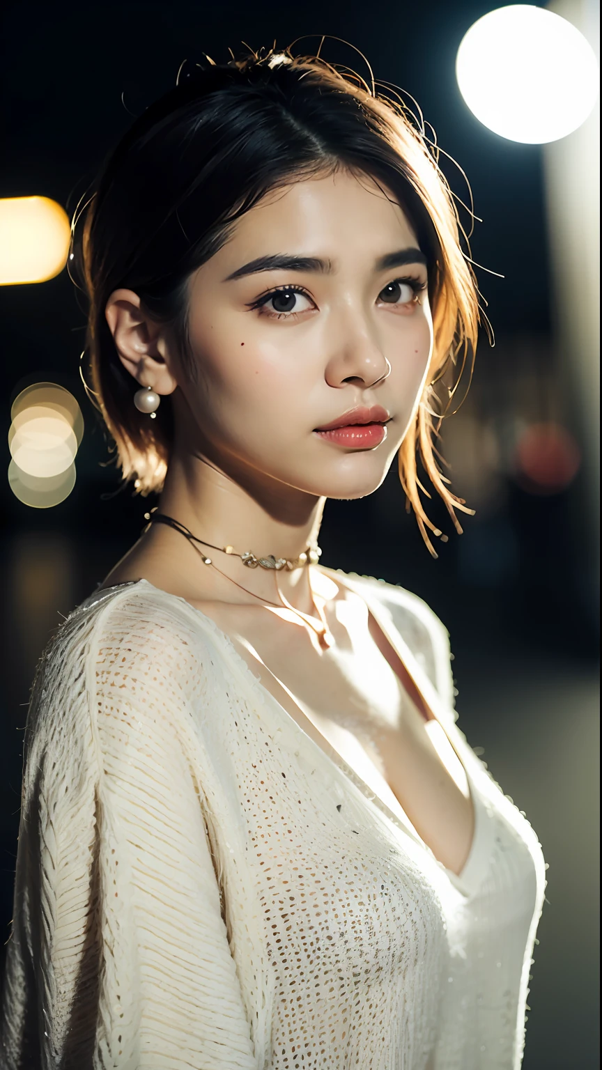 (best qualtiy,8k,32k,tmasterpiece,UHD:1.2),Beautiful Japanese woman in the photo,big cleavage breasts,Very short Bob hair,The upper part of the body,sface focus,oversized_sweater,choker necklace,simple backgound,from the above,looking at viewert,Hip up,((adilin)), side pose, randome pose, during night, (An extremely delicate and beautiful work), (Masterpiece), 1girll, Street attire, Highly detailed, Ponytail Contortion, Enchanted expression, beautiful and clear eyes, blue eye pupil, Delicate pearl necklace, Delicate earrings, Simple blurred background, Extreme detail description, Beautiful, Charming, Ultra-fine painting, Delicate face, Delicate figure, Fine collarbones, lovely lips, soft behind, mix4,(8K, RAW photo, Best quality, Masterpiece:1.2), (Realistic, photo-realistic:1.37),1girll,Small and cute,Cityscape, Night, rain, Wet, Professional lighting, photon maping, Radio City, Physically-based rendering, Above the calves,