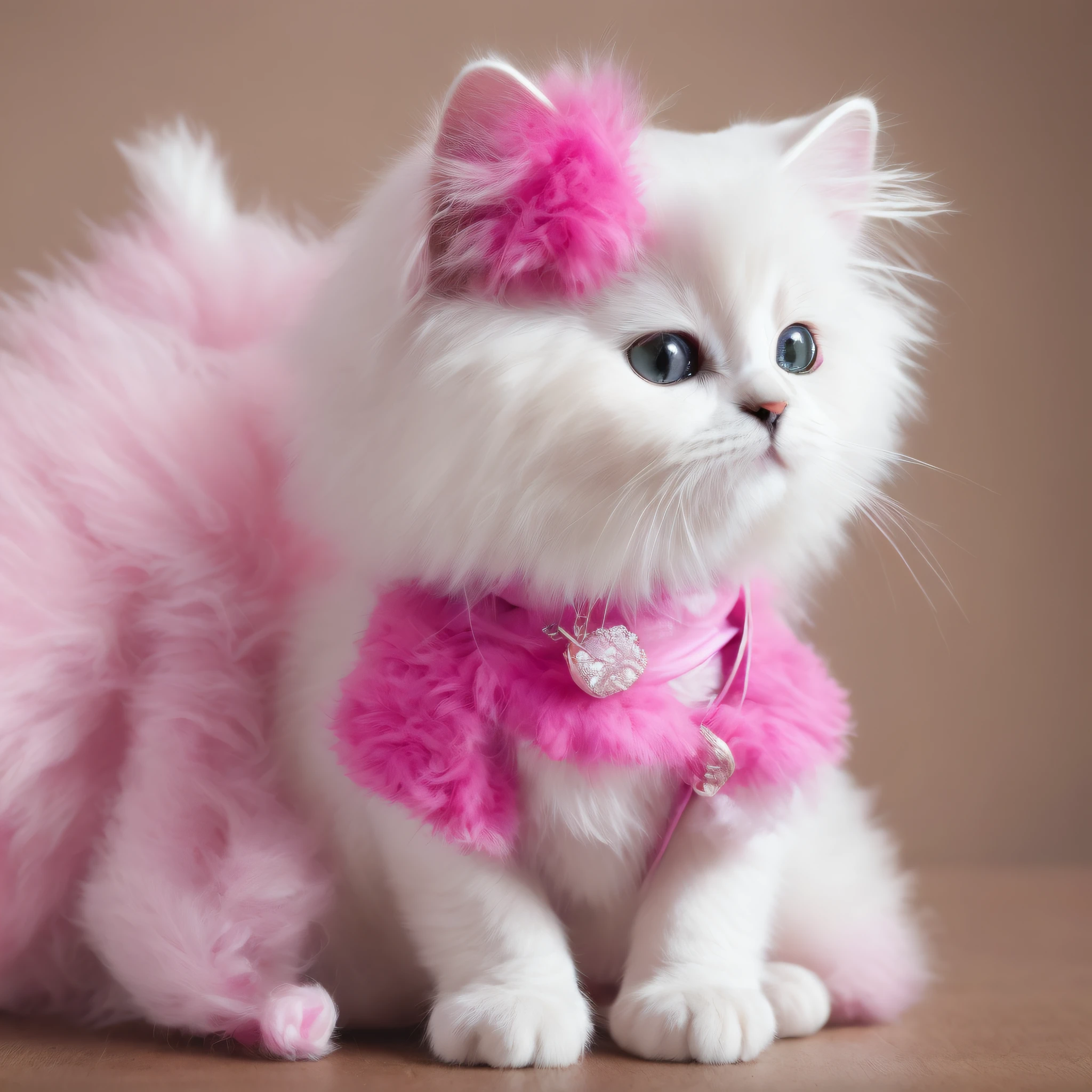 Fluffy cute white kitten dressed in pink outfits accessorized like a barbie cat. 8K masterpiece RAW