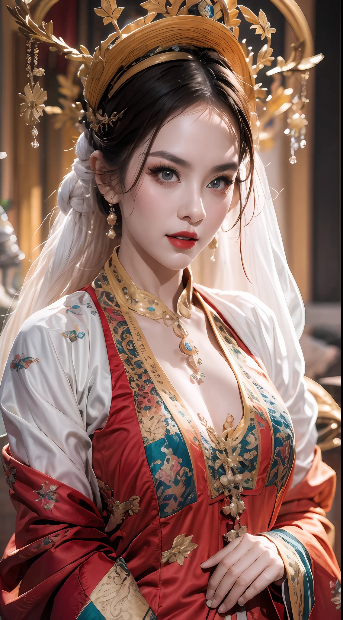 Portrait of a 27-year-old saint, charming adult saint in a long dress made of thin silk, beautiful saint with an old face, adult, wearing a thin multicolored silk dress, beautiful face without blemishes, close your mouth, ((7-color hair length:1.2)), big crown, hair brooch, hanfu dress, chinese ancient style, full body jewelry, forehead tattoo, super even chest, face, innocent face, The most beautiful and detailed light red lipstick, ((Thin plump lips:0.3)), delicate pink and white eyes (white and detailed) cinematic, light and dark, dramatic lighting, magical light, extremely detailed light, true color, super sharp, realistic, 8k quality, fantasy universe background, saints and magical space, the most detailed images, Solo, a saintess, ((looking directly at the saint's upper body:0.4)), ((smooth skin:0.5)),