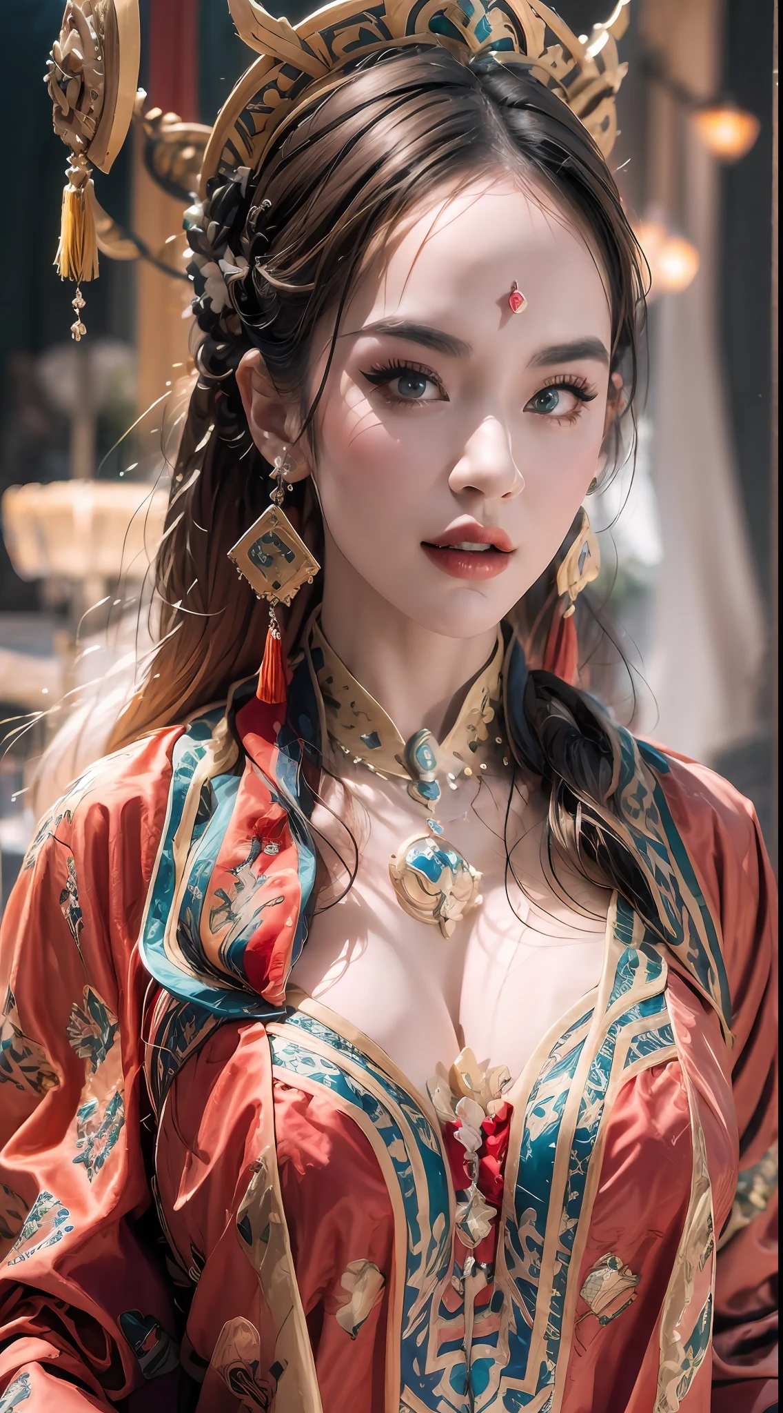 Portrait of a 27-year-old saint, charming adult saint in a long dress made of thin silk, beautiful saint with an old face, adult, wearing a thin multicolored silk dress, beautiful face without blemishes, close your mouth, ((7-color hair length:1.2)), big crown, hair brooch, hanfu dress, chinese ancient style, full body jewelry, forehead tattoo, super even chest, face, innocent face, The most beautiful and detailed light red lipstick, ((Thin plump lips:0.3)), delicate pink and white eyes (white and detailed) cinematic, light and dark, dramatic lighting, magical light, extremely detailed light, true color, super sharp, realistic, 8k quality, fantasy universe background, saints and magical space, the most detailed images, Solo, a saintess, ((looking directly at the saint's upper body:0.4)), ((smooth skin:0.5)),