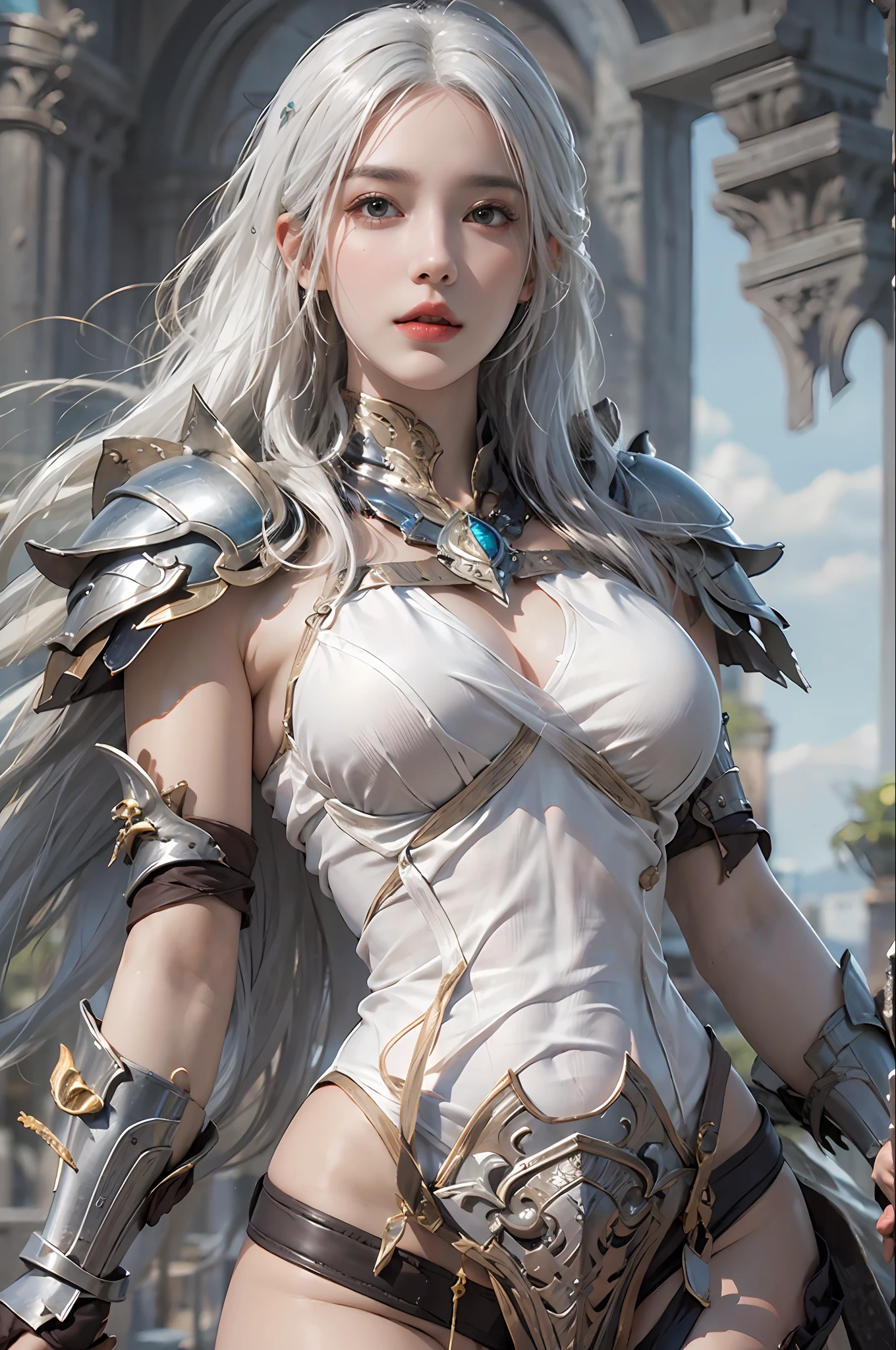 photorealistic, high resolution, 1 women, solo, hips up, white hair, long hair, look at viewer, (detailed face), medium breast, thick thighs, dragonbone armor