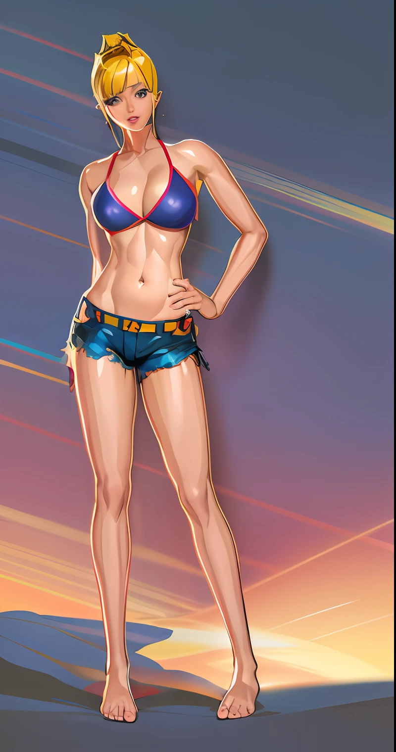 Cartoon of a woman in a bikini and shorts standing in a bedroom, Realistic bikini, de meninas da linha de frente, meninas estilo linha de frente, traje: sbikini, detalhes finos. meninas da linha de frente, roupa feminina, corpo inteiro!!, imagem de corpo inteiro, corpo inteiro;, bra and shorts streetwear, Nico Robin, anime vtuber modelo de corpo inteiro, Close-up de corpo inteiro