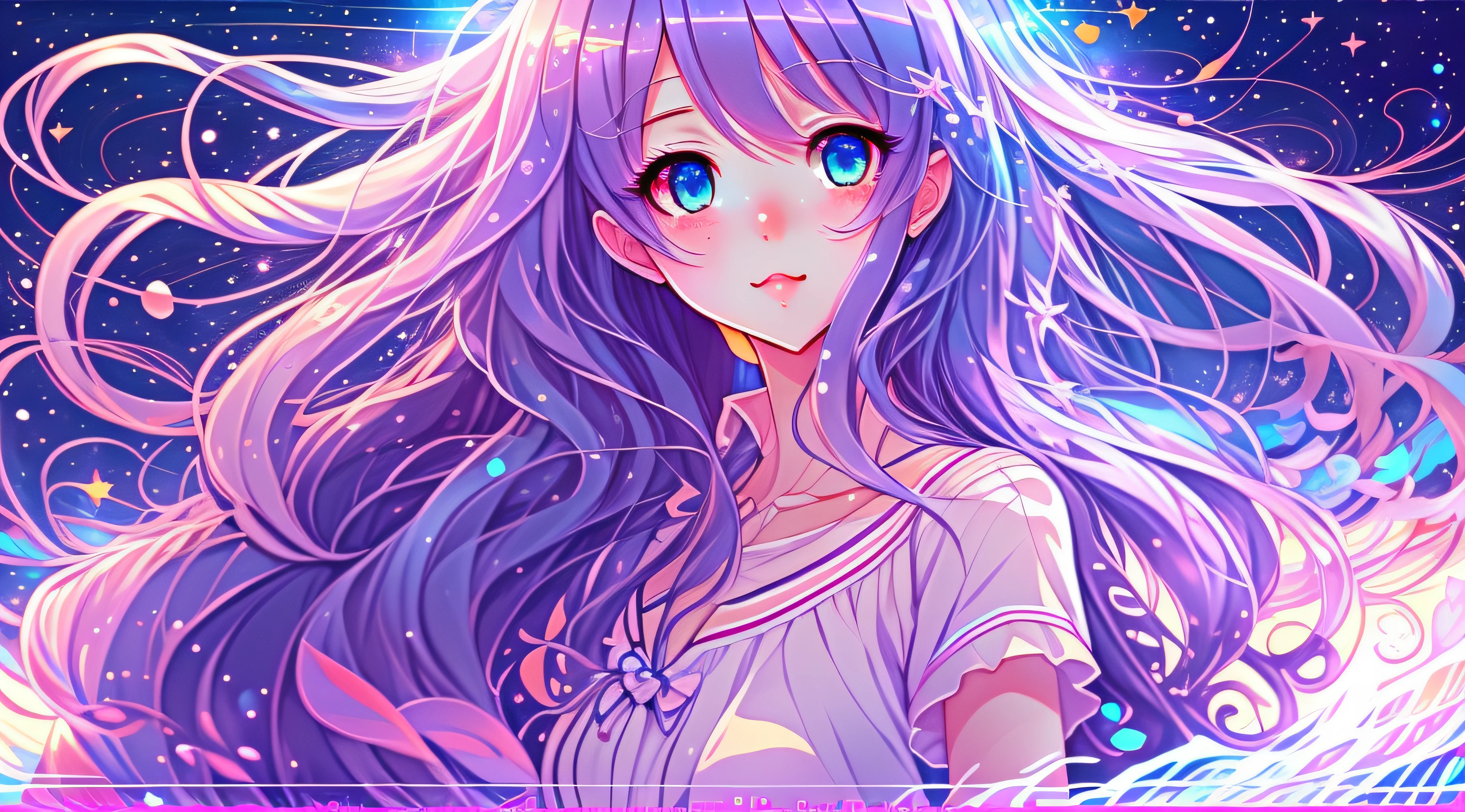 Anime girl with long hair and blue eyes in waves, anime girl with cosmic hair, Digital art on Pixiv, A beautiful artwork illustration, Cute detailed digital art, Beautiful anime artwork, Anime fantasy illustration, Detailed digital anime art, Soft anime illustration, pixiv contest winner, Loish et WLOP, Beautiful anime art, beautiful anime art style