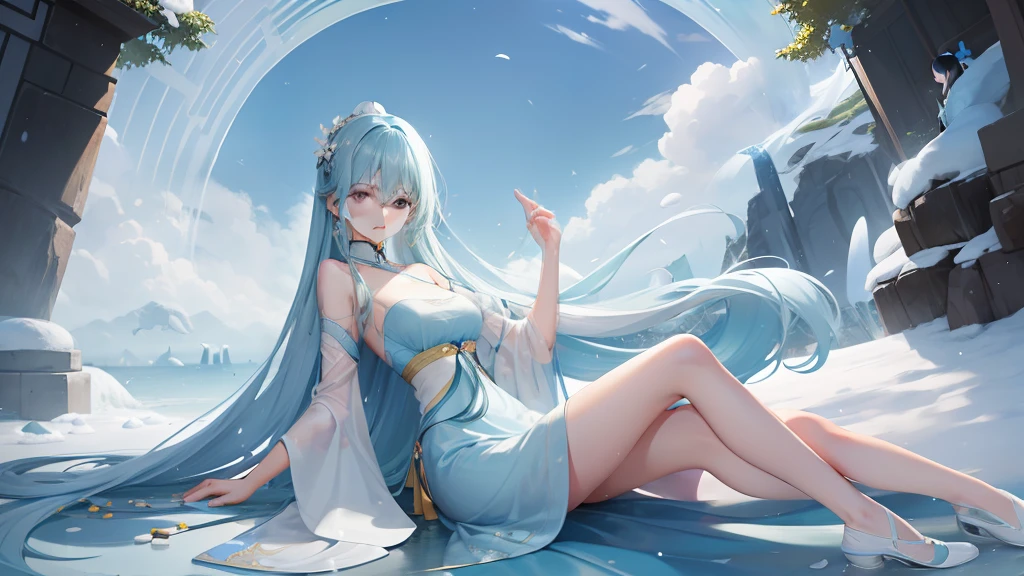 She wore a light blue dress,It has elegant round and slender jade legs,A delicate jade arm like snow,summer
The characteristics of the sky,Let her delicate rain skin show off vividly outside。