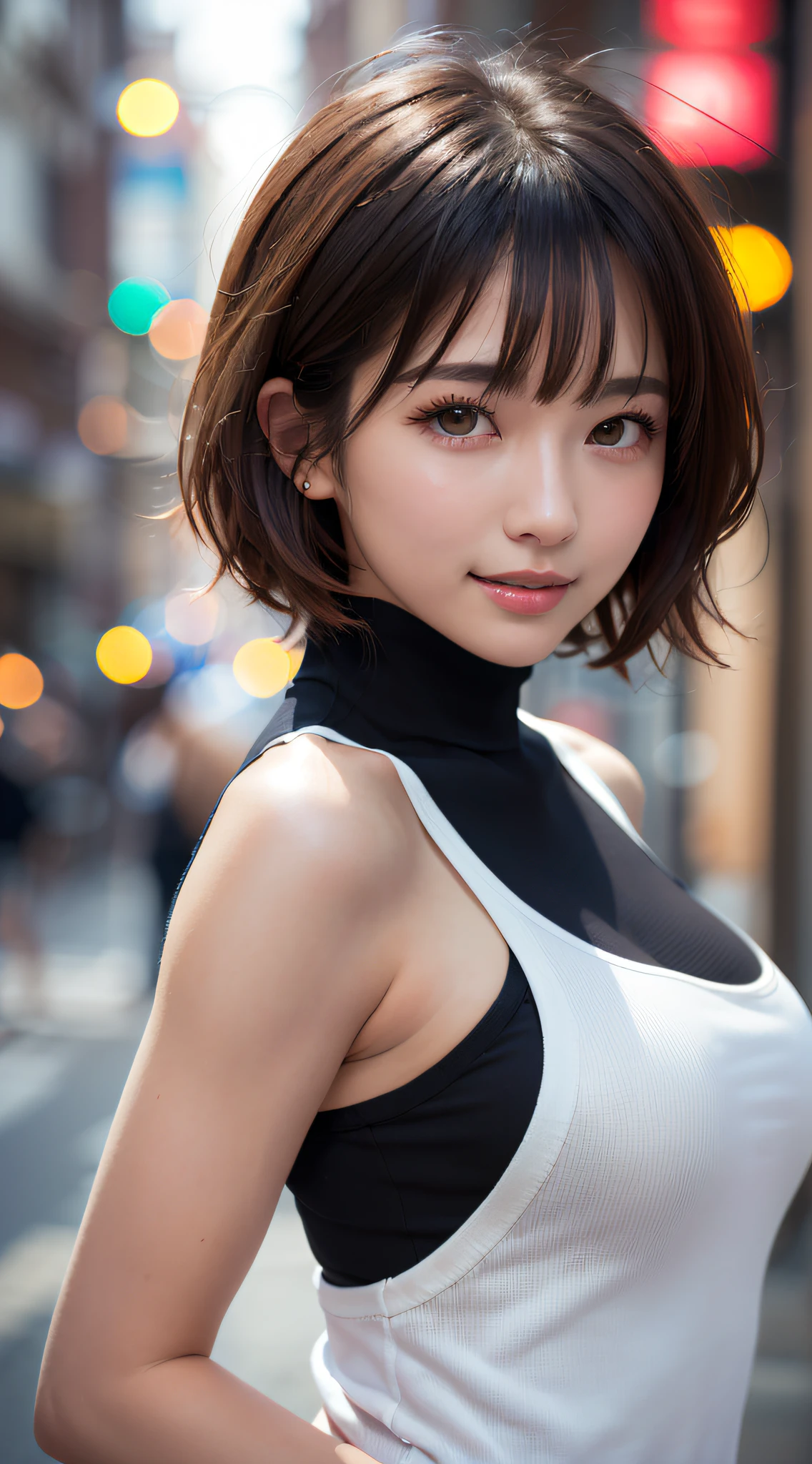 (8K, 超A high resolution, Best Quality, masutepiece:1.2)、RAW portrait of japanese girl、超A high resolution、top-quality、 (Micro-breasted:1.5)、{White shorts:1.5}、(Wearing a black sleeveless turtleneck:1.5)、(hands to hips:1.3)、(In the street:1.2) BREAK (Natural Skin Texture、Detailed skin、Hyper-Realism、ultra sharpness)、intricate detailes、depth of fields、Sexy adult woman、(dark brown hair、Very short bob hair:1.3)、((masterpiece、top-quality、high-detail))、(Photorealsitic:1.4)、独奏、closes mouth、Smile happily、big eye、Distinct double eyelids、Lashes、long neck、Absolute area、Clean collarbone、face perfect、thin lips、a small face、(gazing at viewer、Highlights in the eyes、Light brown eyes、lipgloss)、(Show the whole body from the side:1.3)