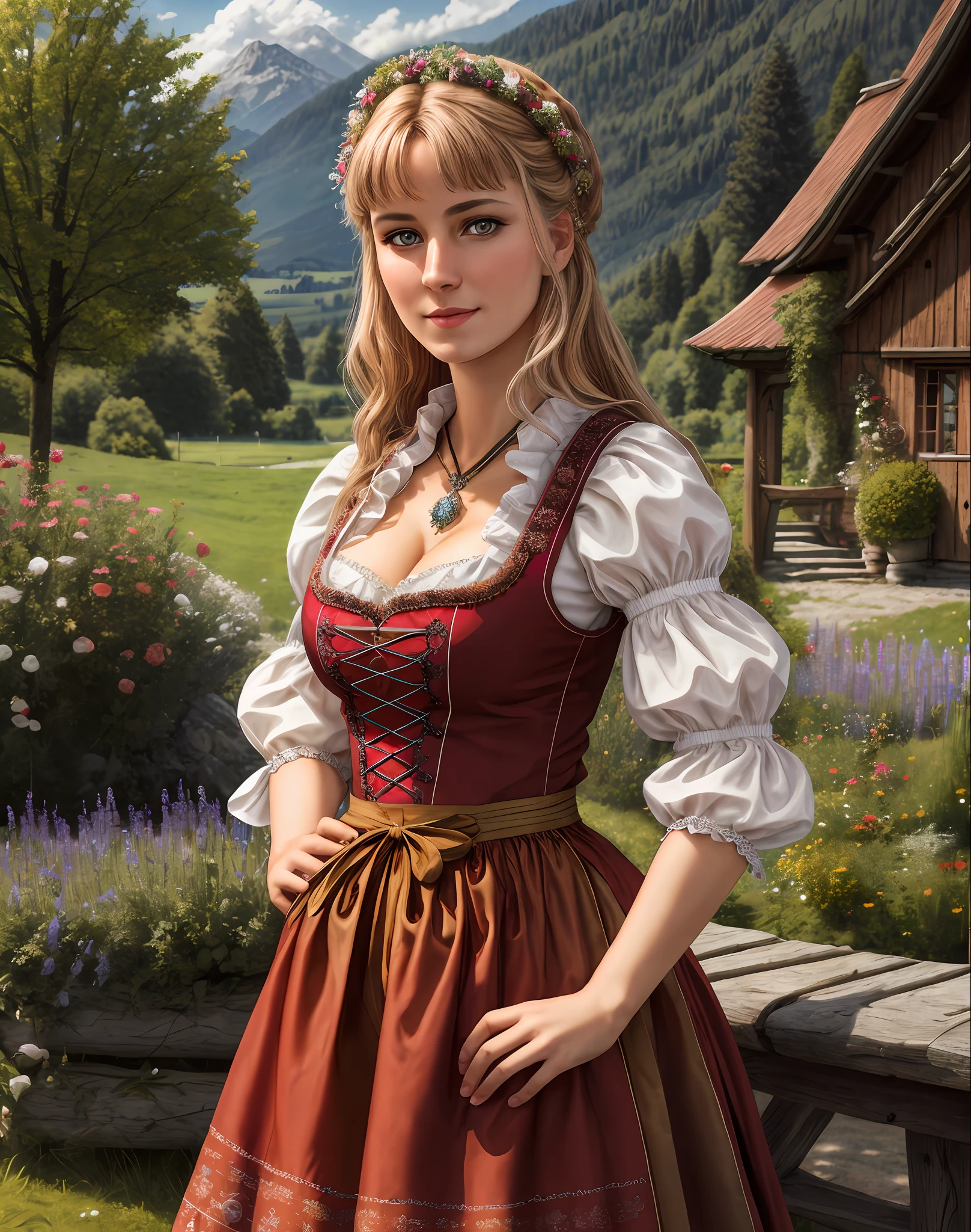 Masterpiece, absurdres, fine detail, HDR, highly detailed face and eyes, photorealistic, drindl, a woman in traditional bavarian dress poses with her hands behind her back ,german woman, wearing drindl,Close up,