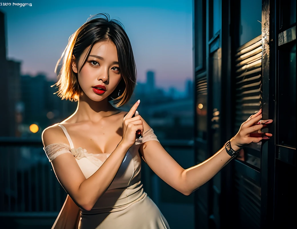 (8k, RAW photos, top quality, masterpieces: 1.2), (realistic, photorealistic: 1.37), 1 girl, cityscape, night, wet, professional lighting, photon mapping, radiosity, korean dolls, torn, white dress