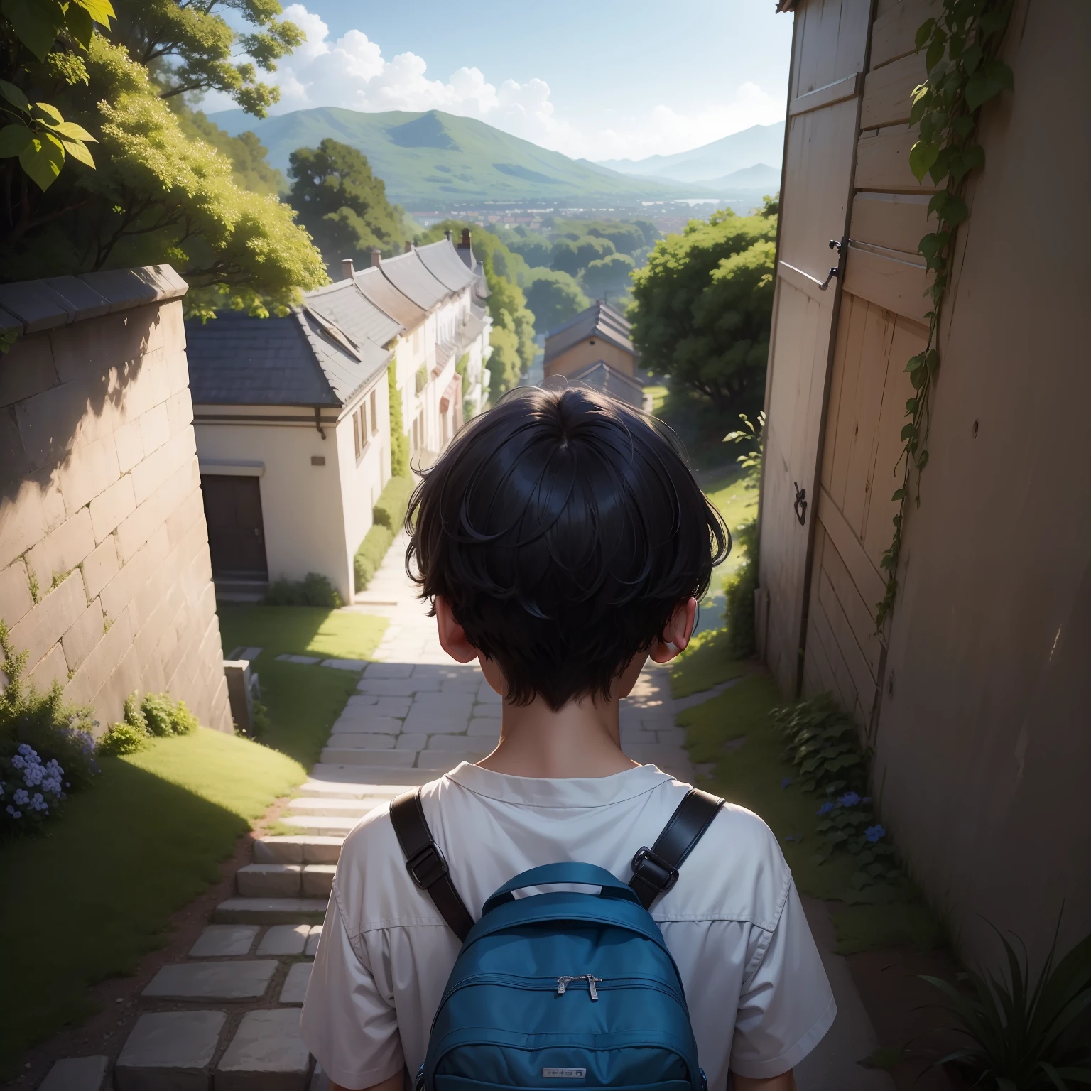 masterpiece、top-quality、hightquality、 wall-paper、landscapes、outside of house、Skysky、clouds、tag、blue-sky、naturey、depth of fields、nffsw、bloom、chromatic abberation、Photorealsitic、ighly detailed、high details、Dramatic、Boy trying to cross the wall、Aim for something、Looking Up、animesque、backs