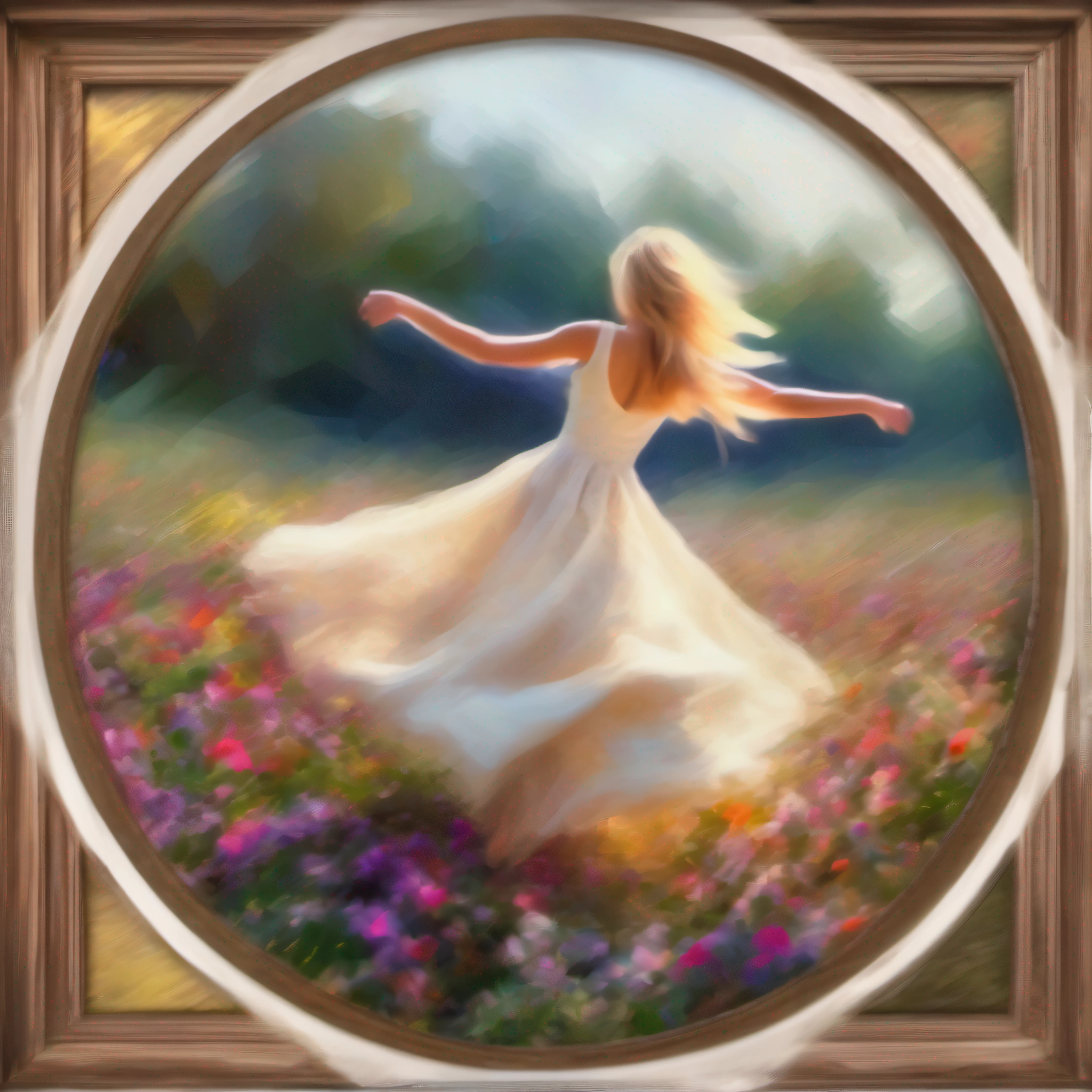 Woman with blonde hair an wide dress dancing and spinning inside a group of people dancing in circle in a field of flowers. View from behind. Framed in a diffuse circle of flowers. Digital art impressionist painting