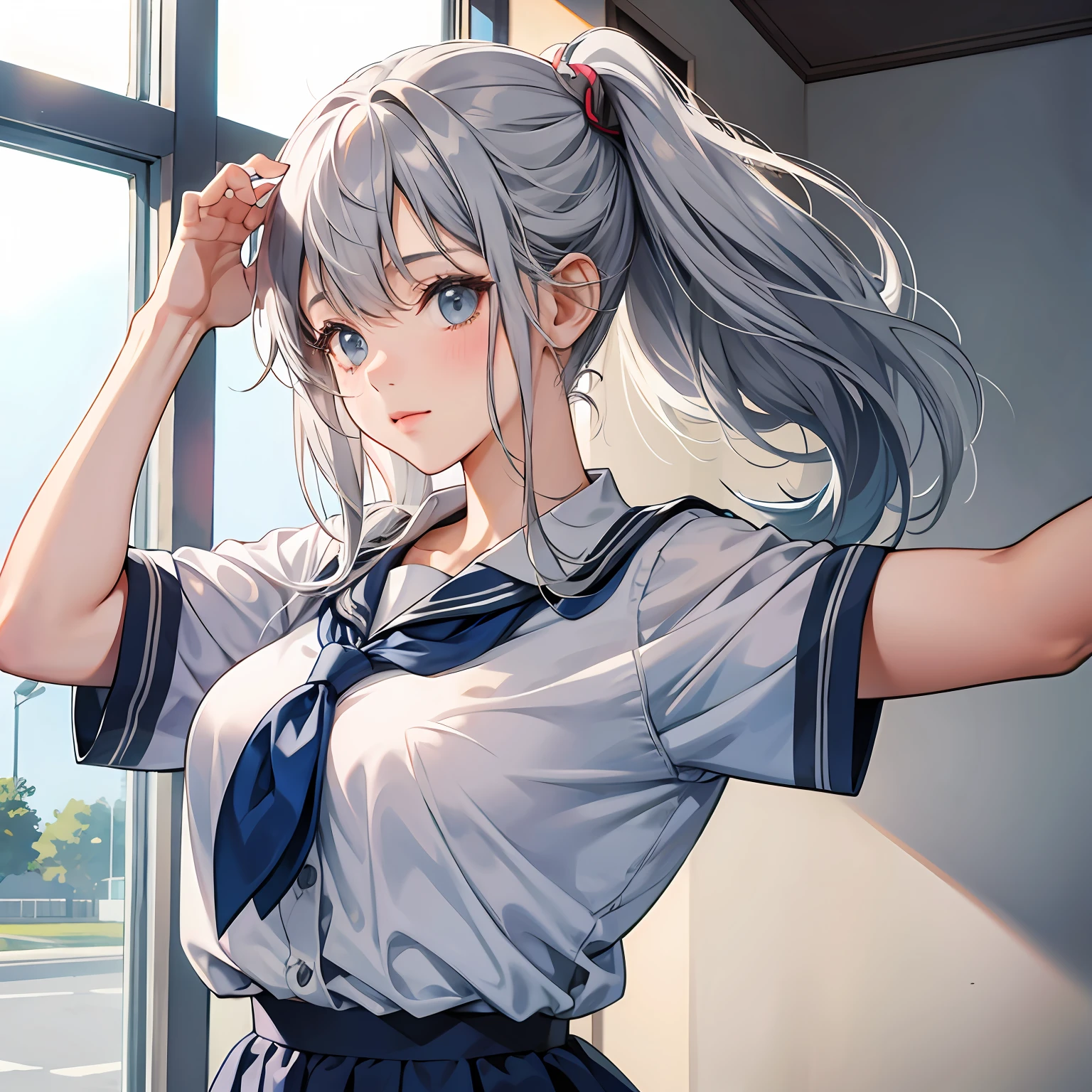 "Cute schoolgirl with gray hair, Anime style