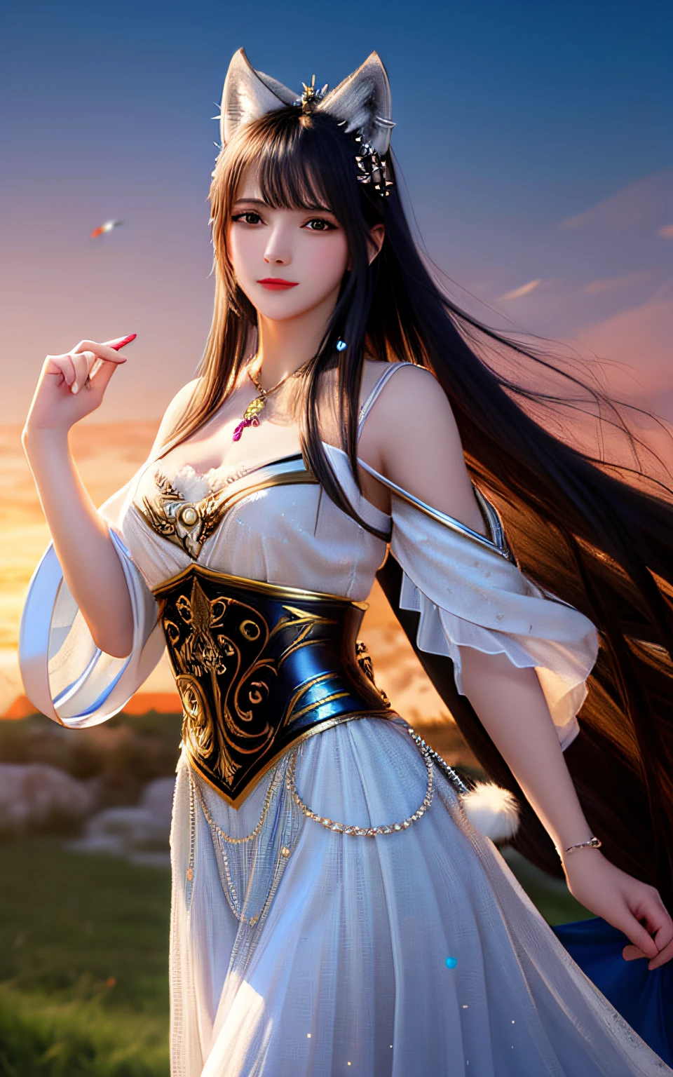 Best quality,tmasterpiece,A high resolution,CG, 1girll,arma,The sword,long whitr hair,shift dresses,Eau,jewely,white dresses,耳Nipple Ring,hair adornments,spatter,The upper part of the body,hair-bun,brunette color hair, illuminating,Frankness,photore,A high resolution,4k,bokeh,wolf women,Transformation
