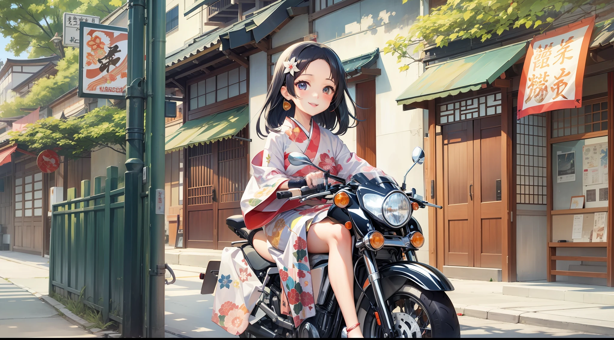 Kaguya in kimono, smiling, cute, accessories, doll riding a motorcycle in the city in summer