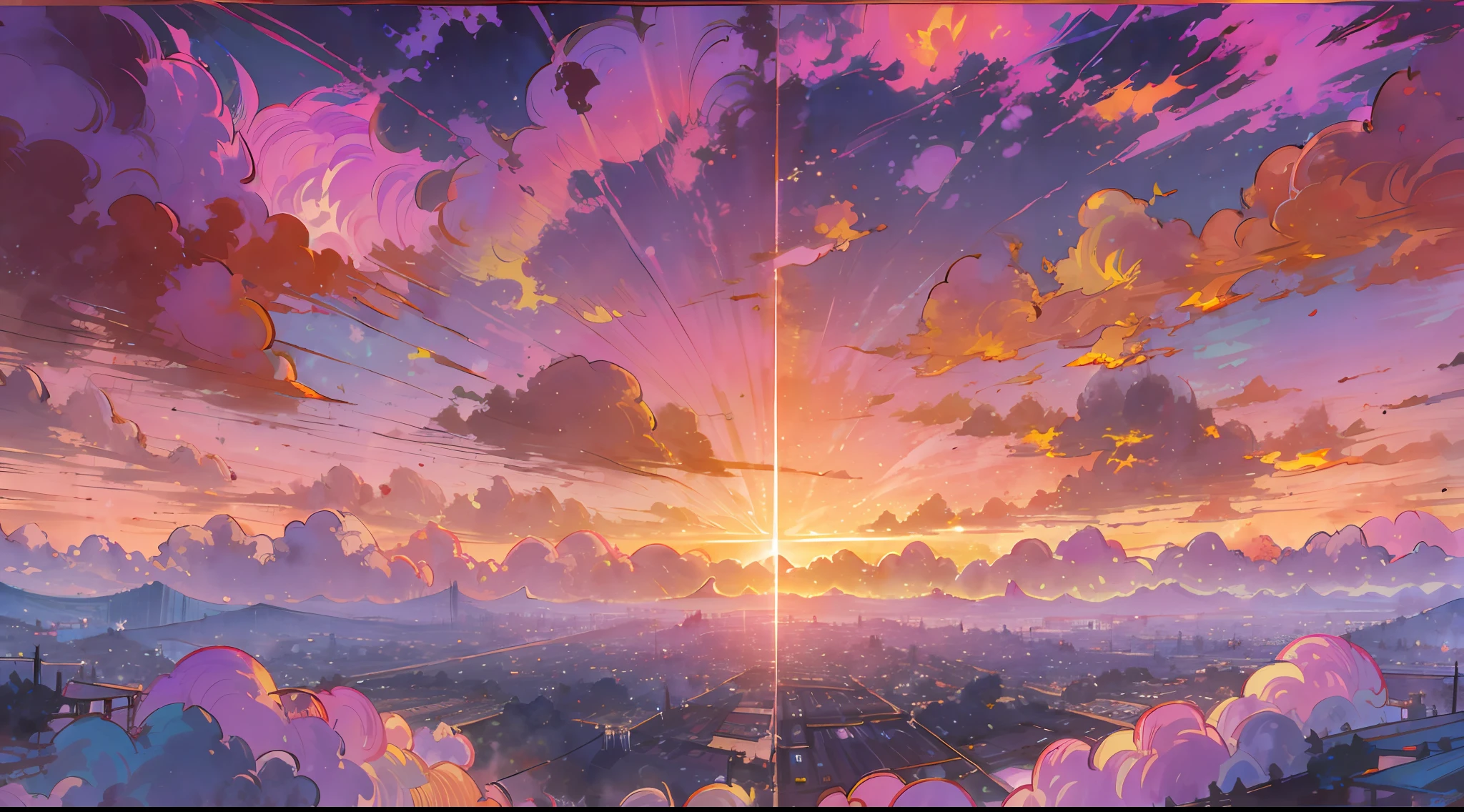 A masterpiece of surreal twilight views，Accompanied by colorful sunsets and fantastic sky reflections，Create a fiery beauty。The 8K picture shows colorful clouds suspended，The sunset is above the clouds，Create a surreal visual experience。