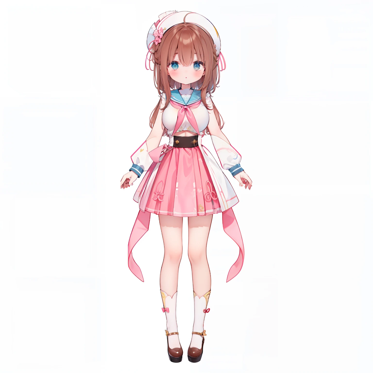 Standing painting,chiquita,Flat chest,Short stature,Lori huge breasts cleavage,frontage,full body pov,standing on your feet,White tunic,Pink sailor collar,pleatedskirt,pinkskirt,white stockings,Brown hair,long and flowing hair。female focus,Fresh and lovely。