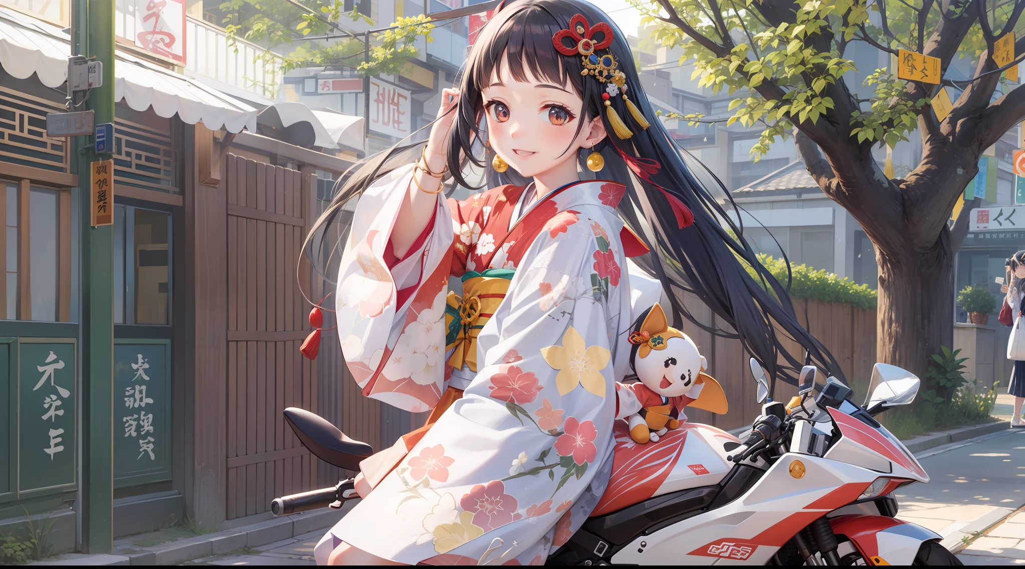 Kaguya in kimono, smiling, cute, accessories, doll riding a motorcycle in the city in summer